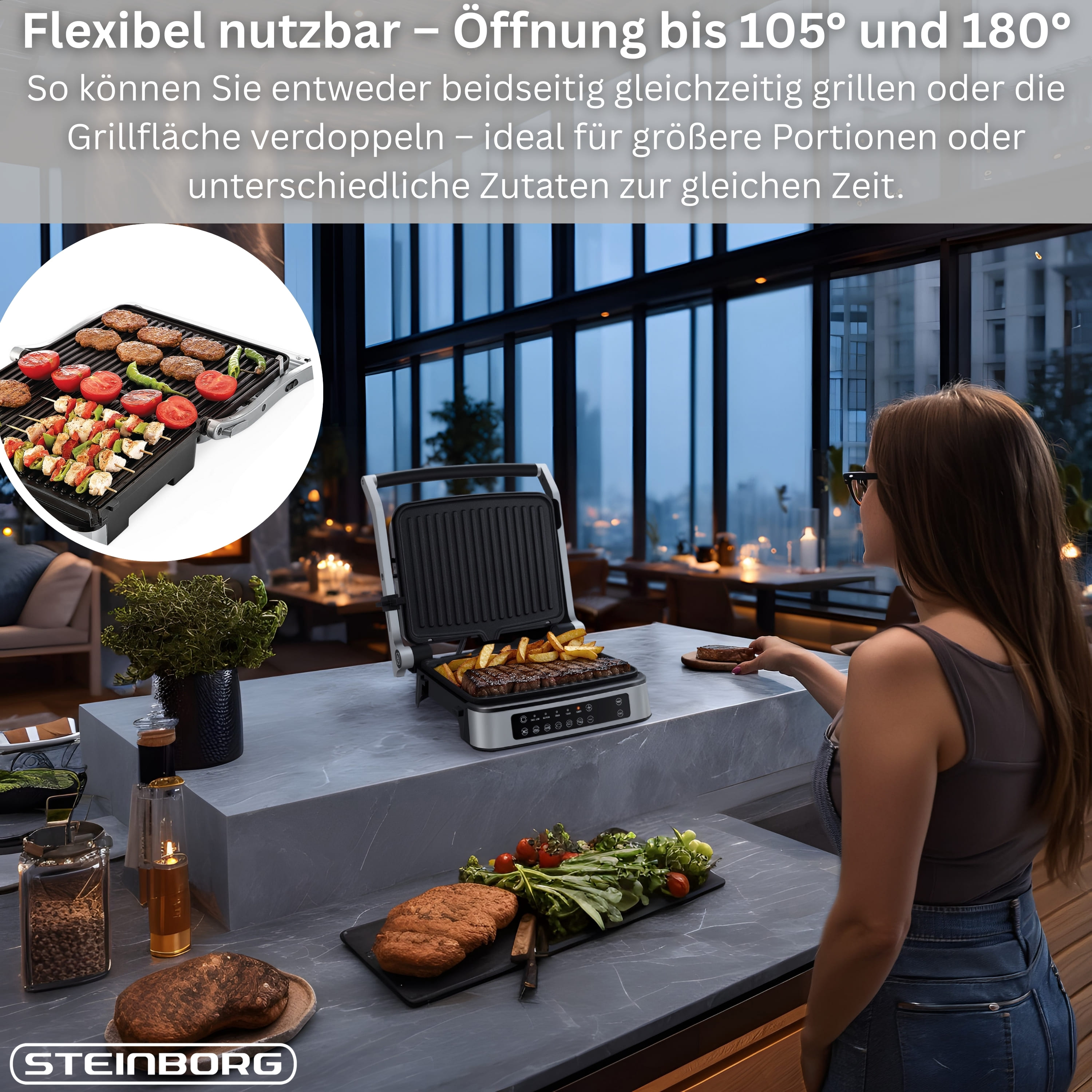Ein elektrischer Grill mit Steak und Pommes, daneben eine Frau