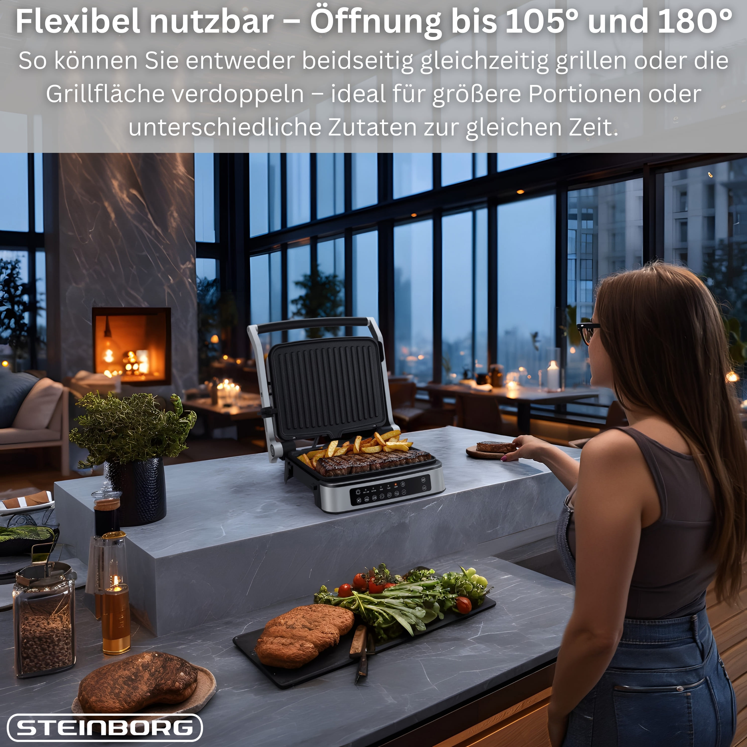Ein Grill mit Steak und Pommes, daneben ein Brot und Salat.