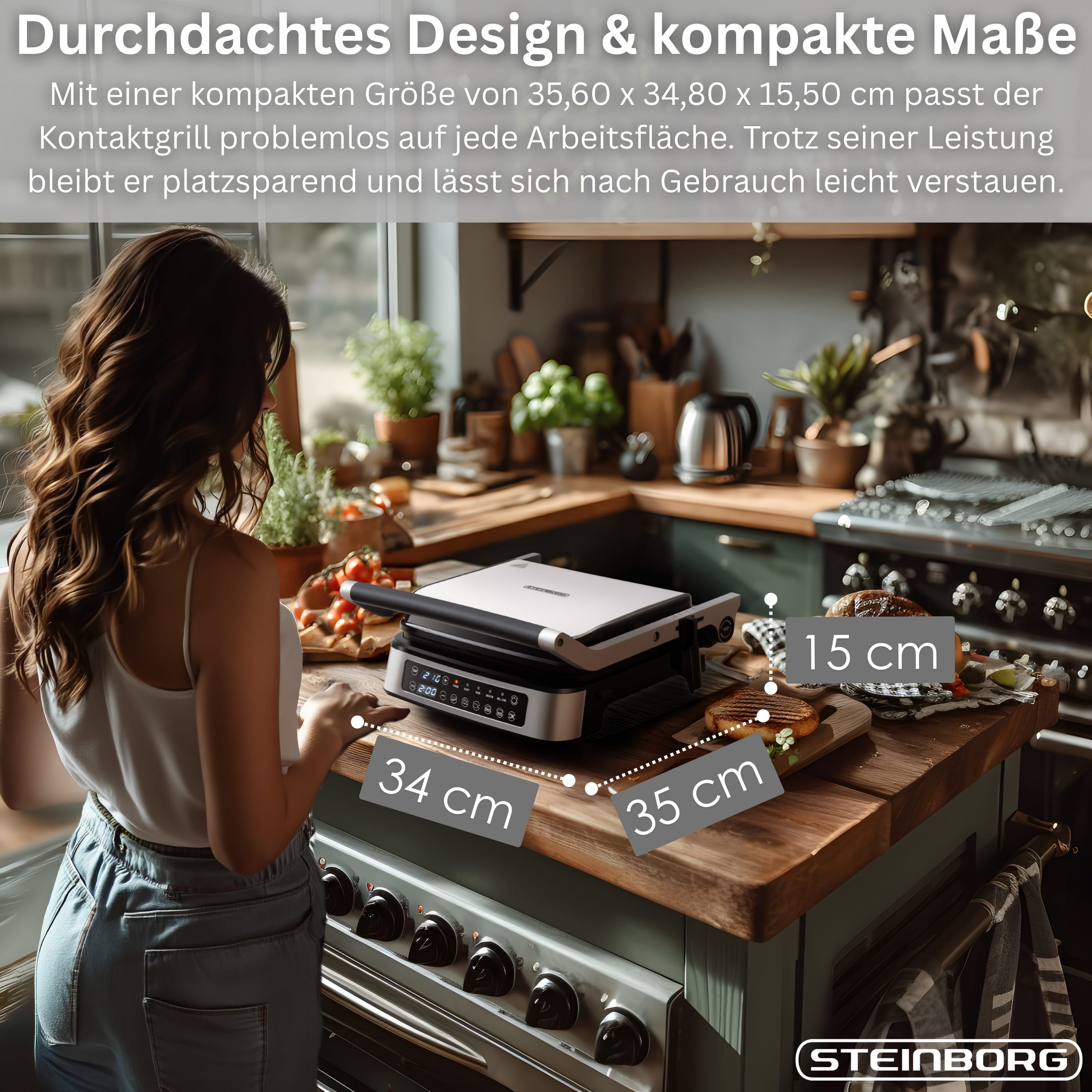 Ein Steinborg Kontaktgrill mit Maßen 35x34x15cm steht auf einer Küchentheke.