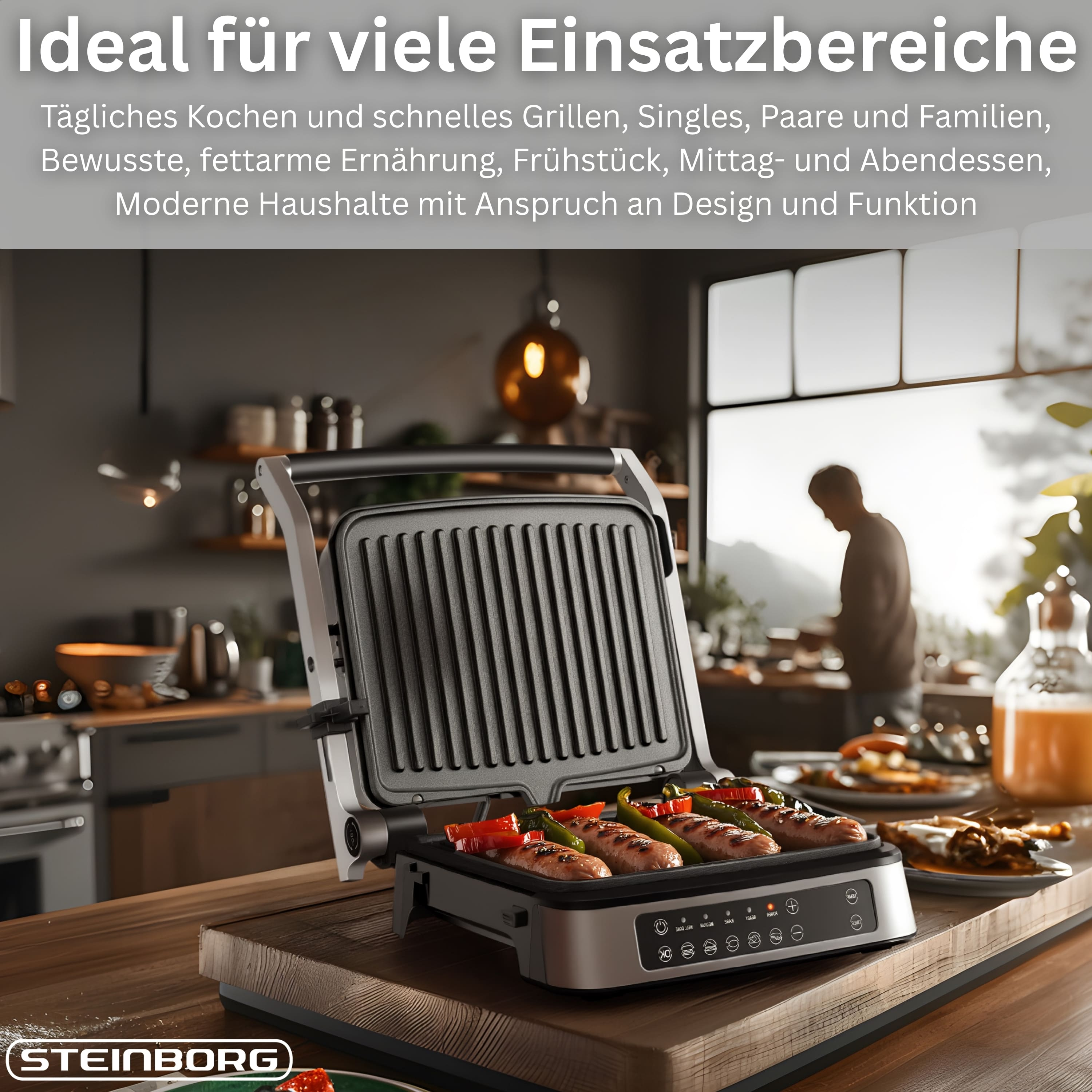 Ein Elektrogrill mit Würstchen und Paprika, in einer modernen Küche.