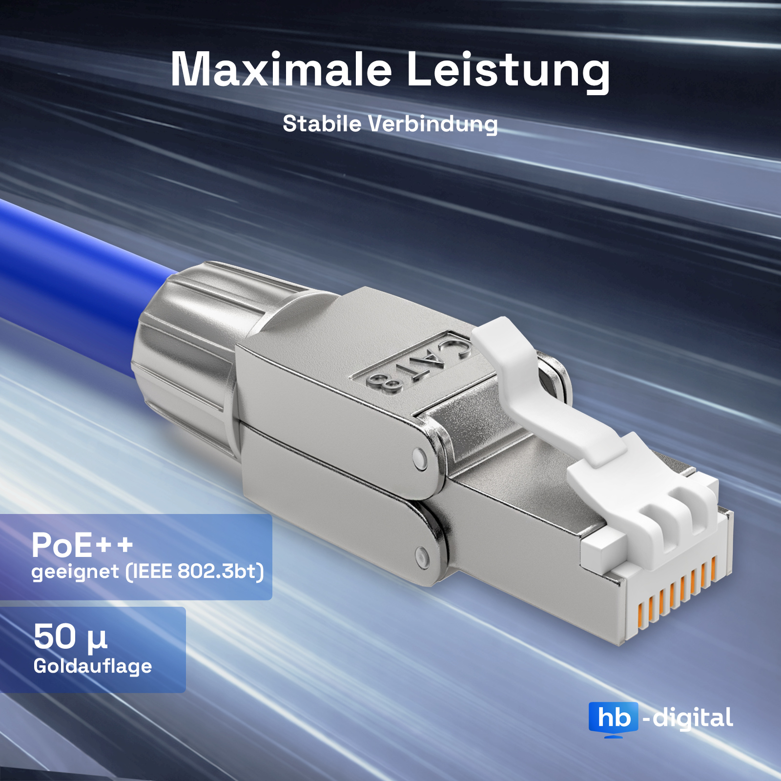 Nahaufnahme eines Netzwerkkabels mit silbernem Stecker und blauer Ummantelung.