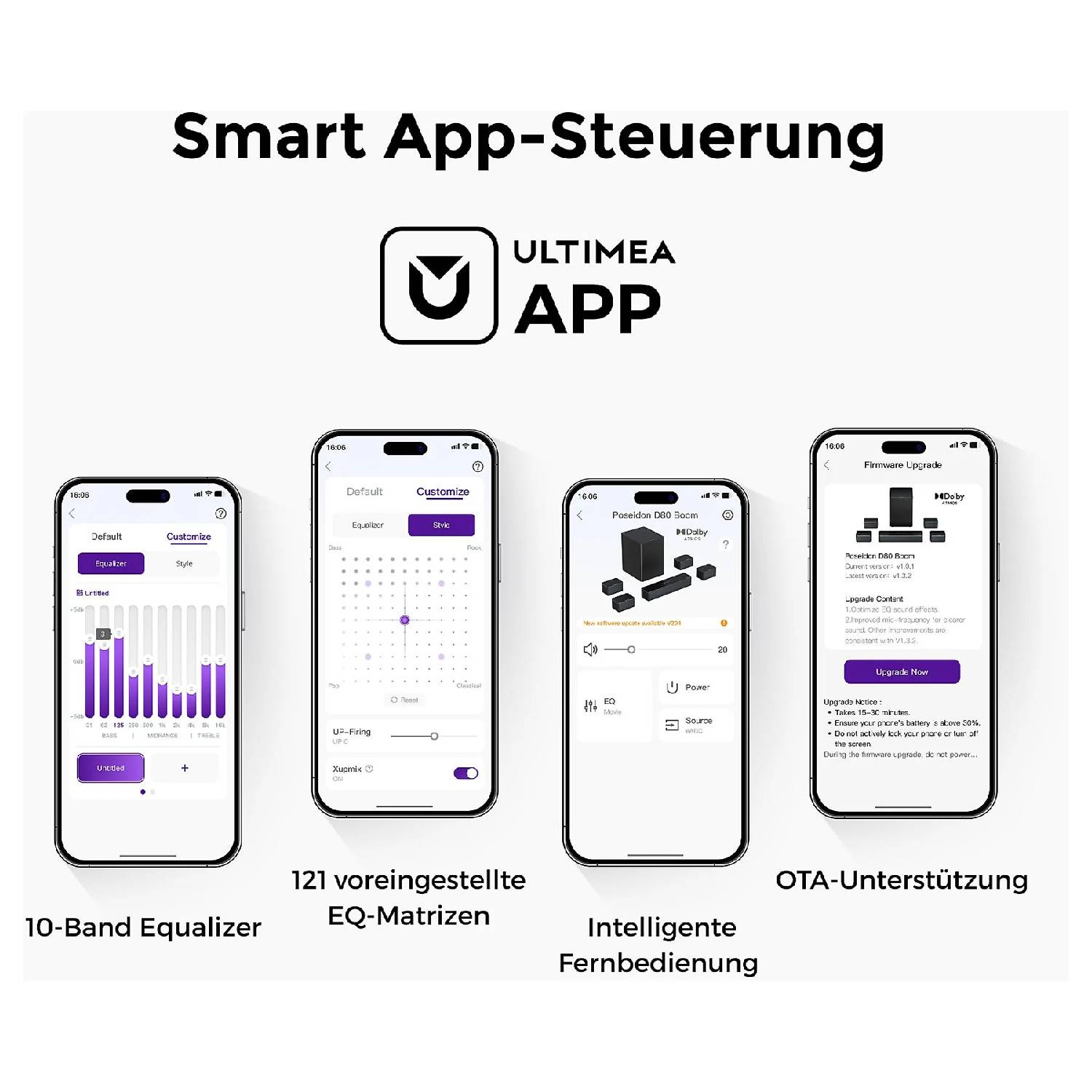 Quatre écrans de smartphone montrent l'application ULTIMEA avec égaliseur, matrice d'égalisation, télécommande et mise à jour du firmware.