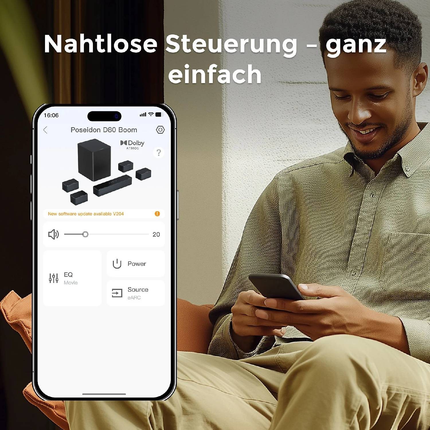 Homme tenant un smartphone affichant une application de barre de son. Contrôle transparent.