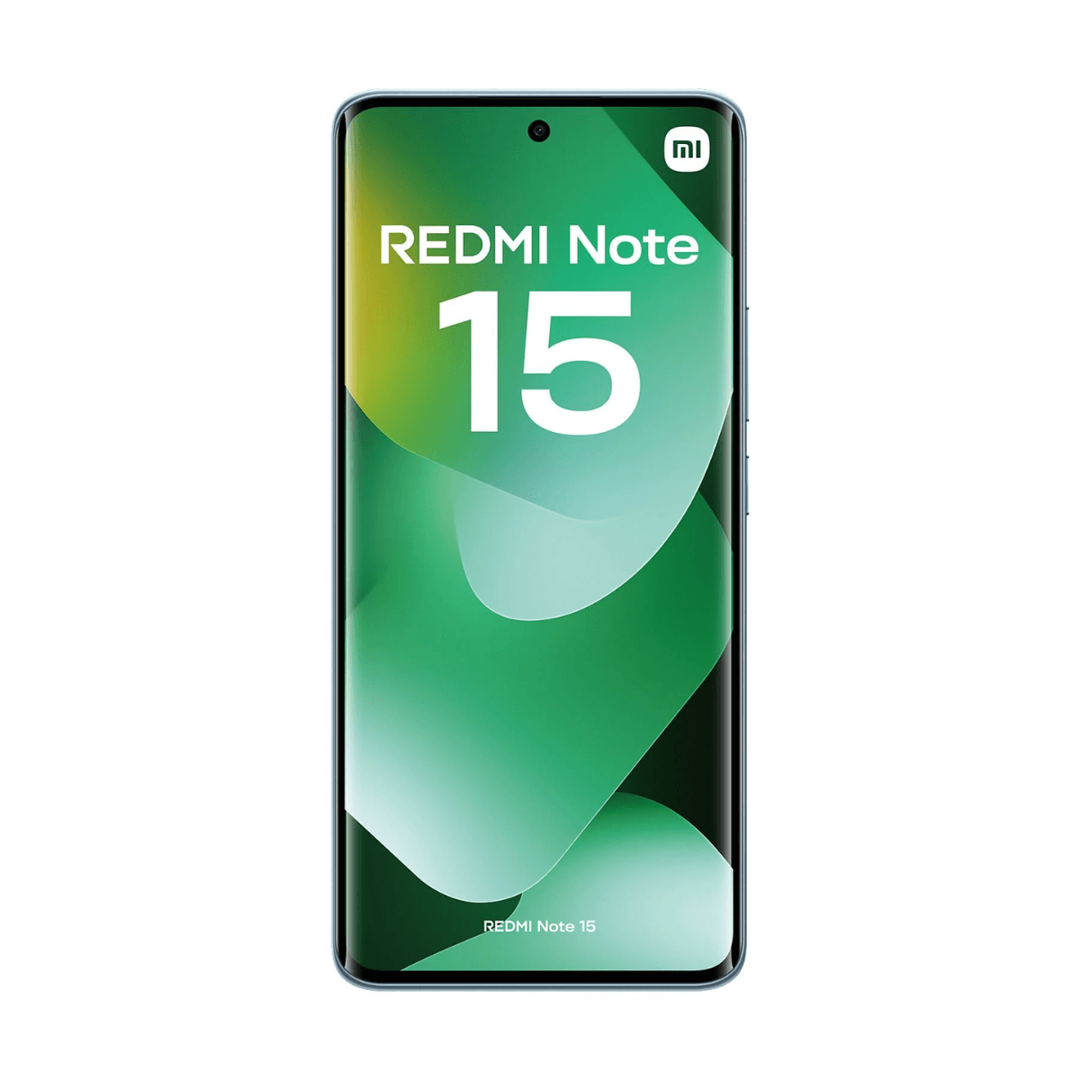 Smartfon z napisem REDMI Note 15 na zielonym tle.