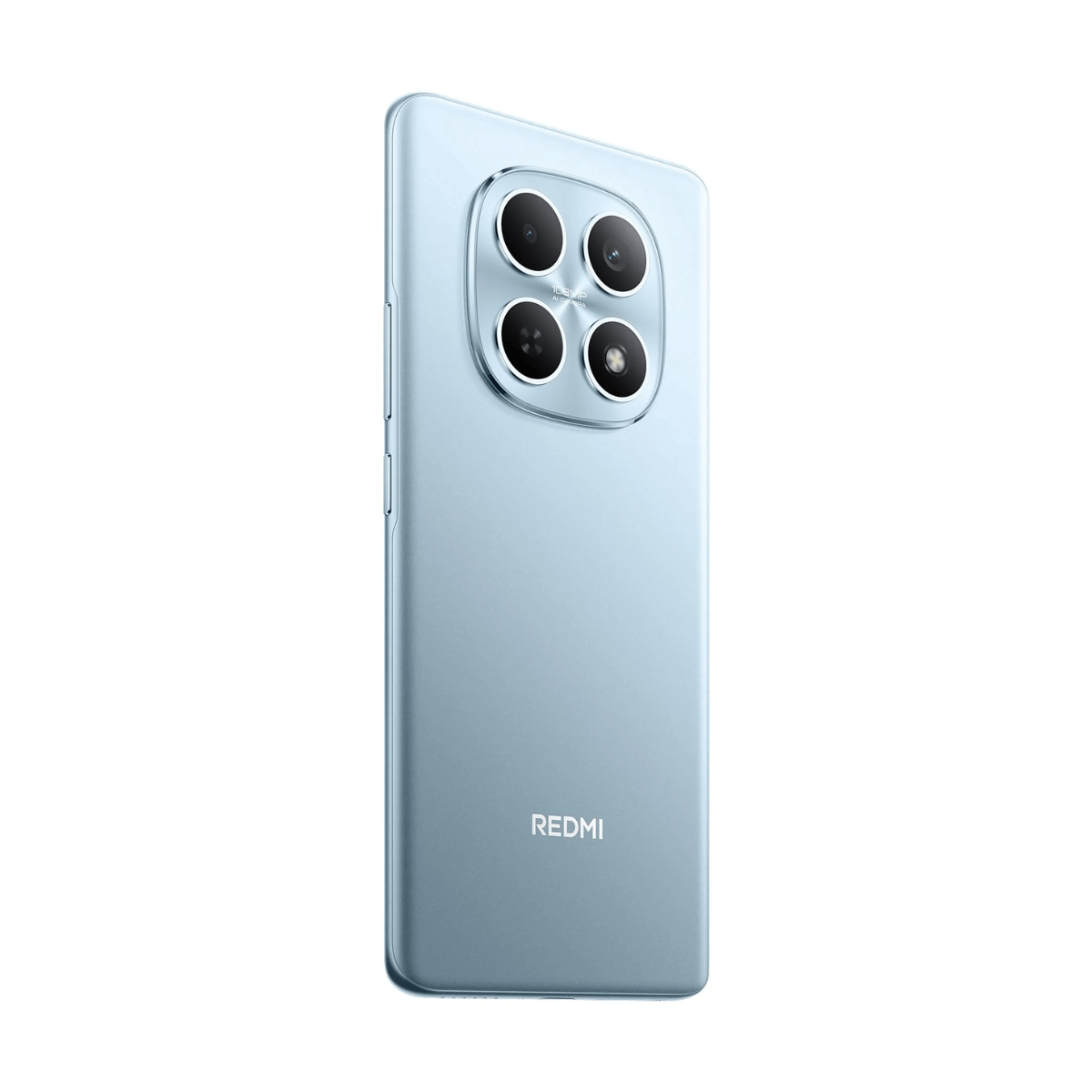 Jasnoniebieski smartfon z czterema aparatami i logo Redmi na białym tle.