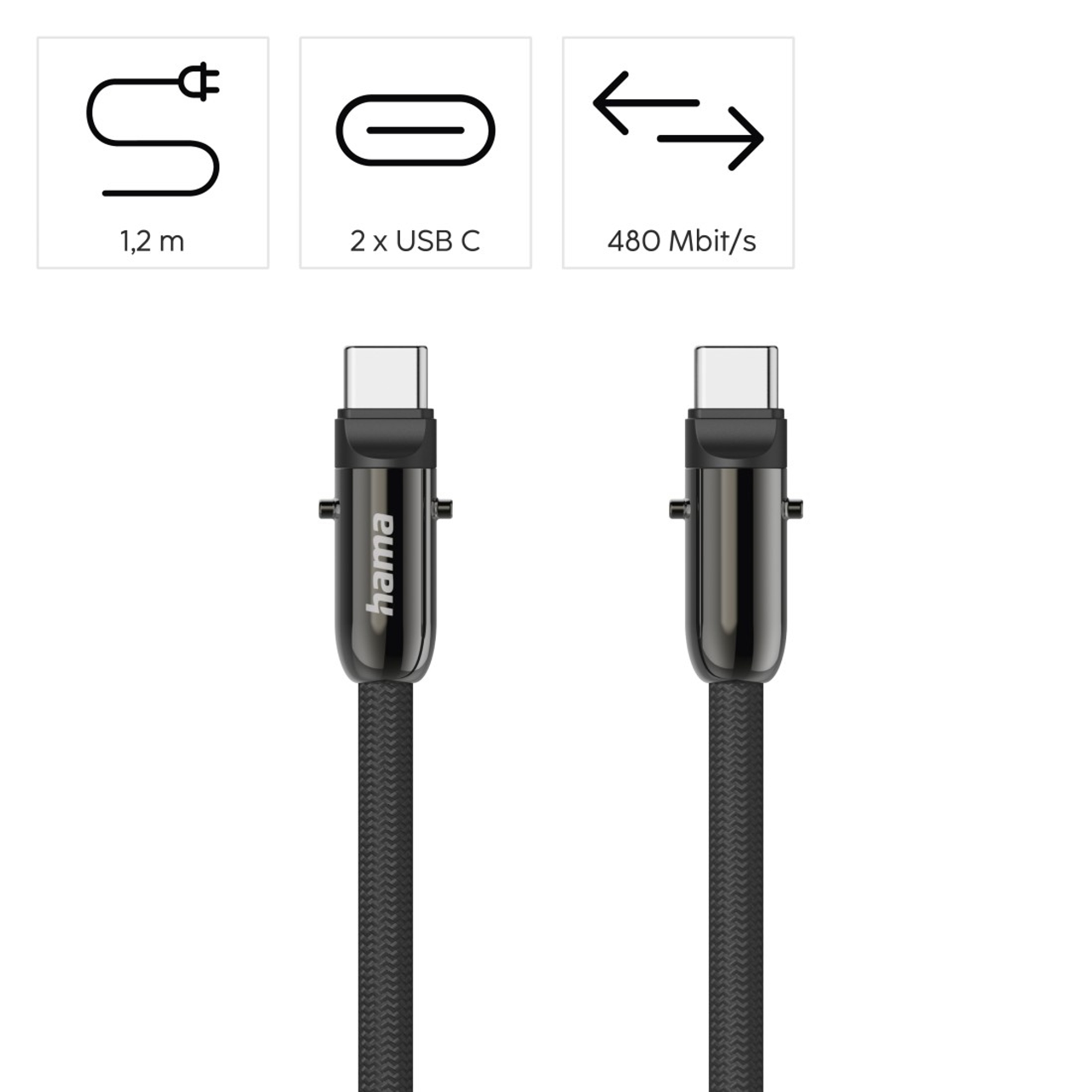 Kabel USB-C 1,2 m, 2x USB C, 480 Mbit/s.