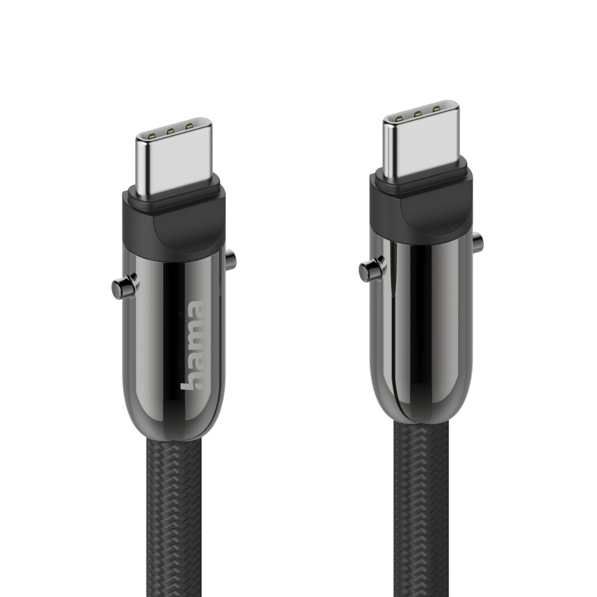 Dwa złącza kabla USB-C ze srebrnymi stykami i czarnymi obudowami.