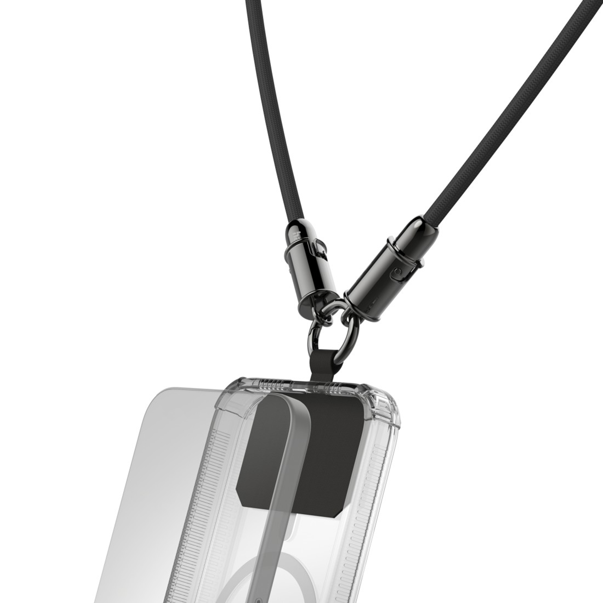 Czarna smycz jest przymocowana do przezroczystego etui na telefon.