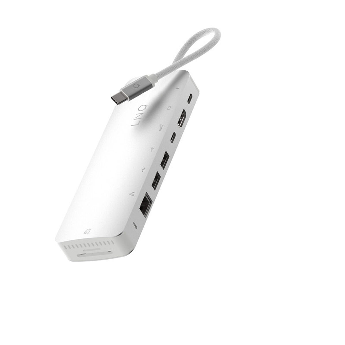 Un hub USB-C bianco con più porte e un cavo intrecciato.