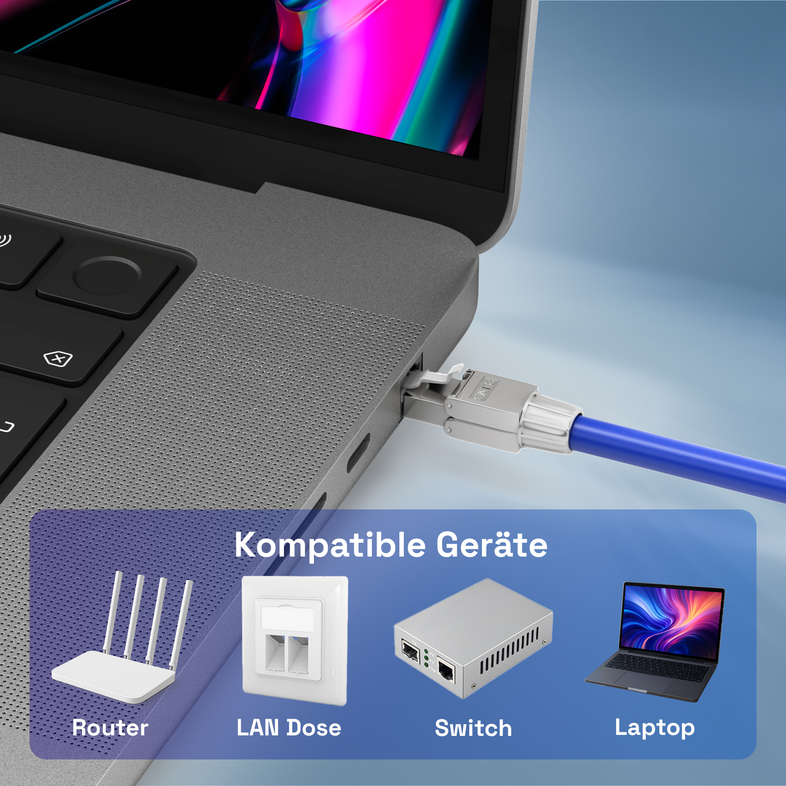 Blaues Ethernet-Kabel in Laptop gesteckt. Icons zeigen Router, LAN, Switch, Laptop.