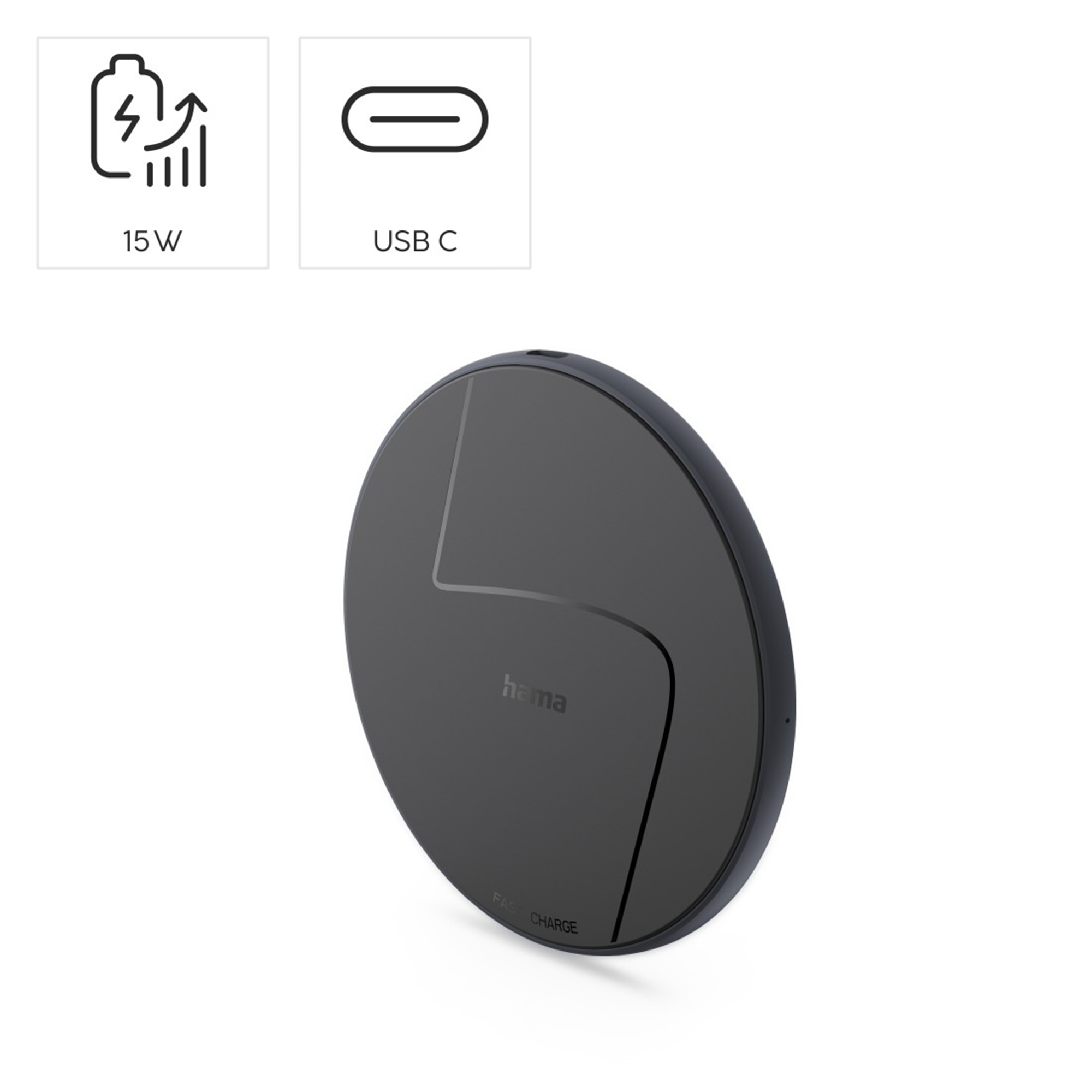 Ein runder, schwarzer Hama Wireless Charger mit 15W und USB-C.
