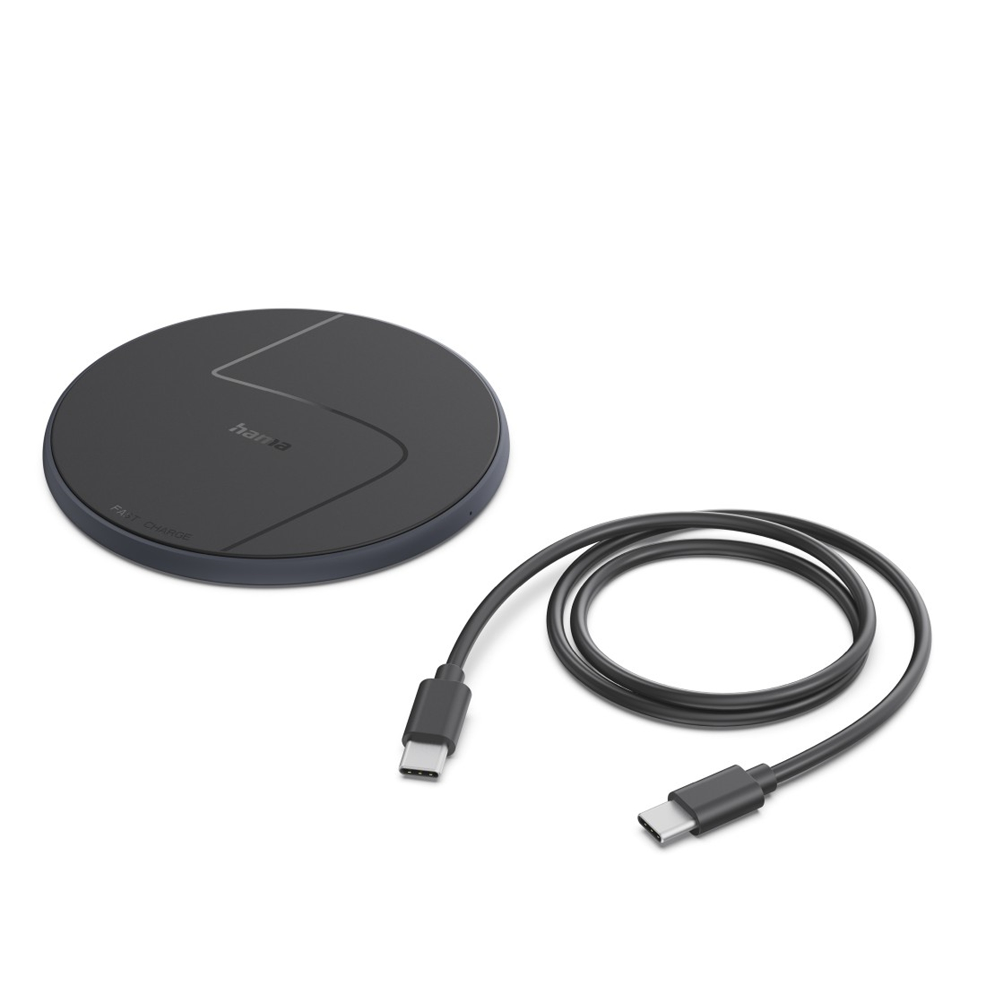 Ein schwarzes kabelloses Ladegerät mit USB-C-Kabel auf weißem Hintergrund.