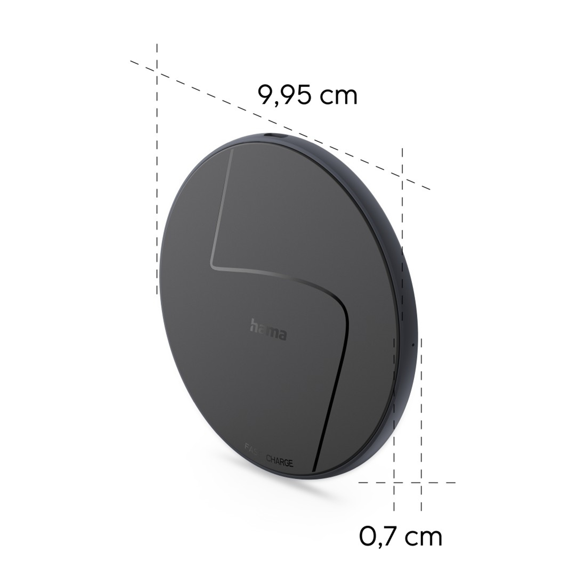 Schwarzes, rundes Hama Ladepad mit Maßen 9,95 cm und 0,7 cm.