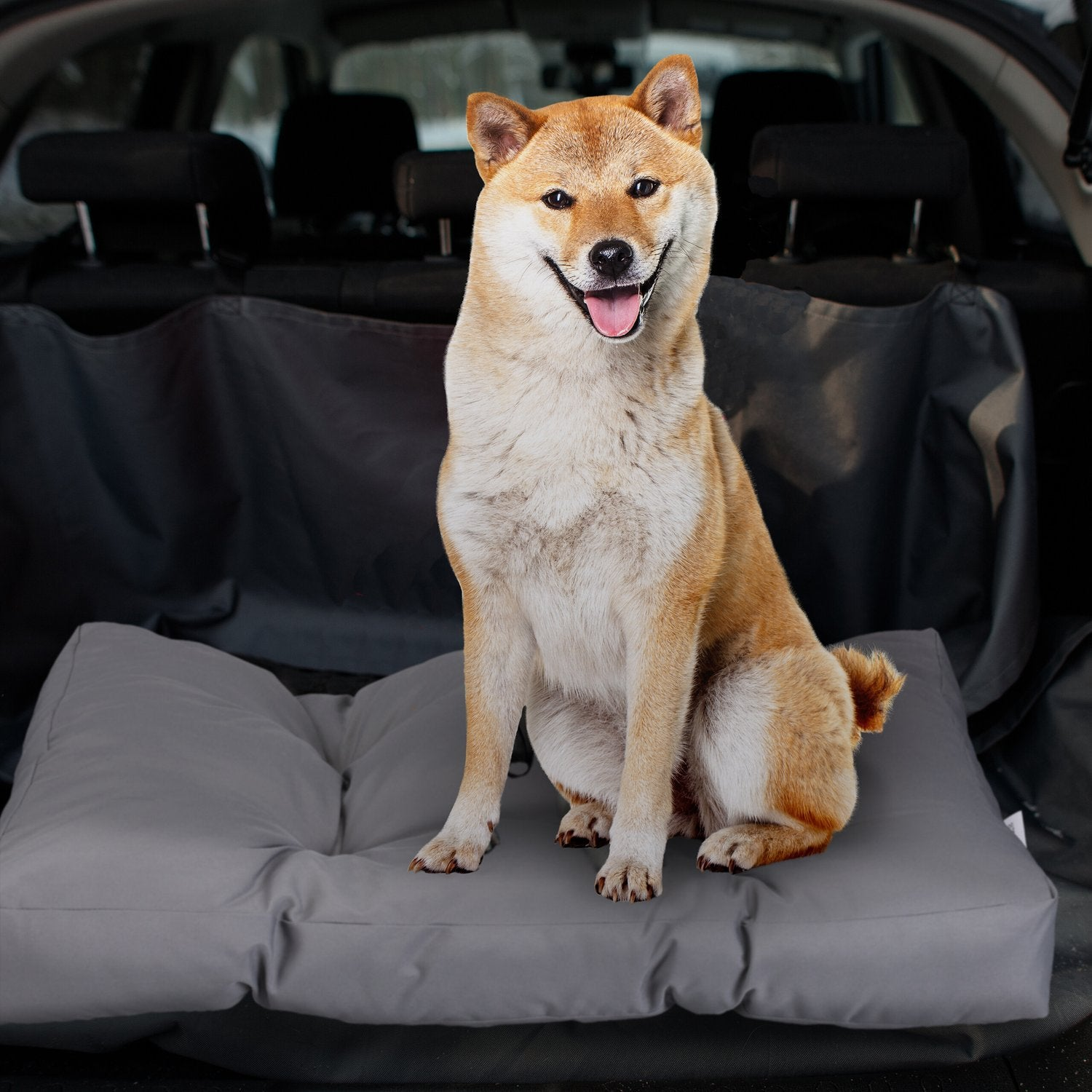 Un perro Shiba Inu se sienta feliz sobre un cojín gris en la parte trasera de un coche.