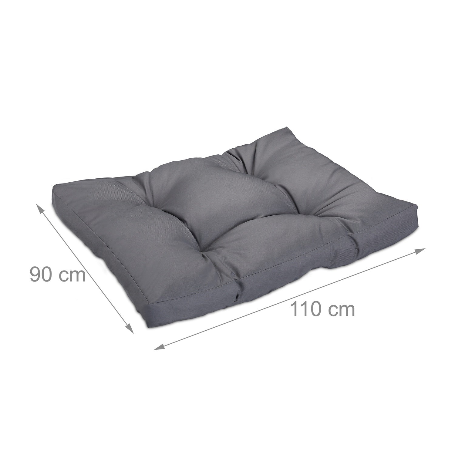 Cojín gris, 110 cm de largo y 90 cm de ancho, con costuras.