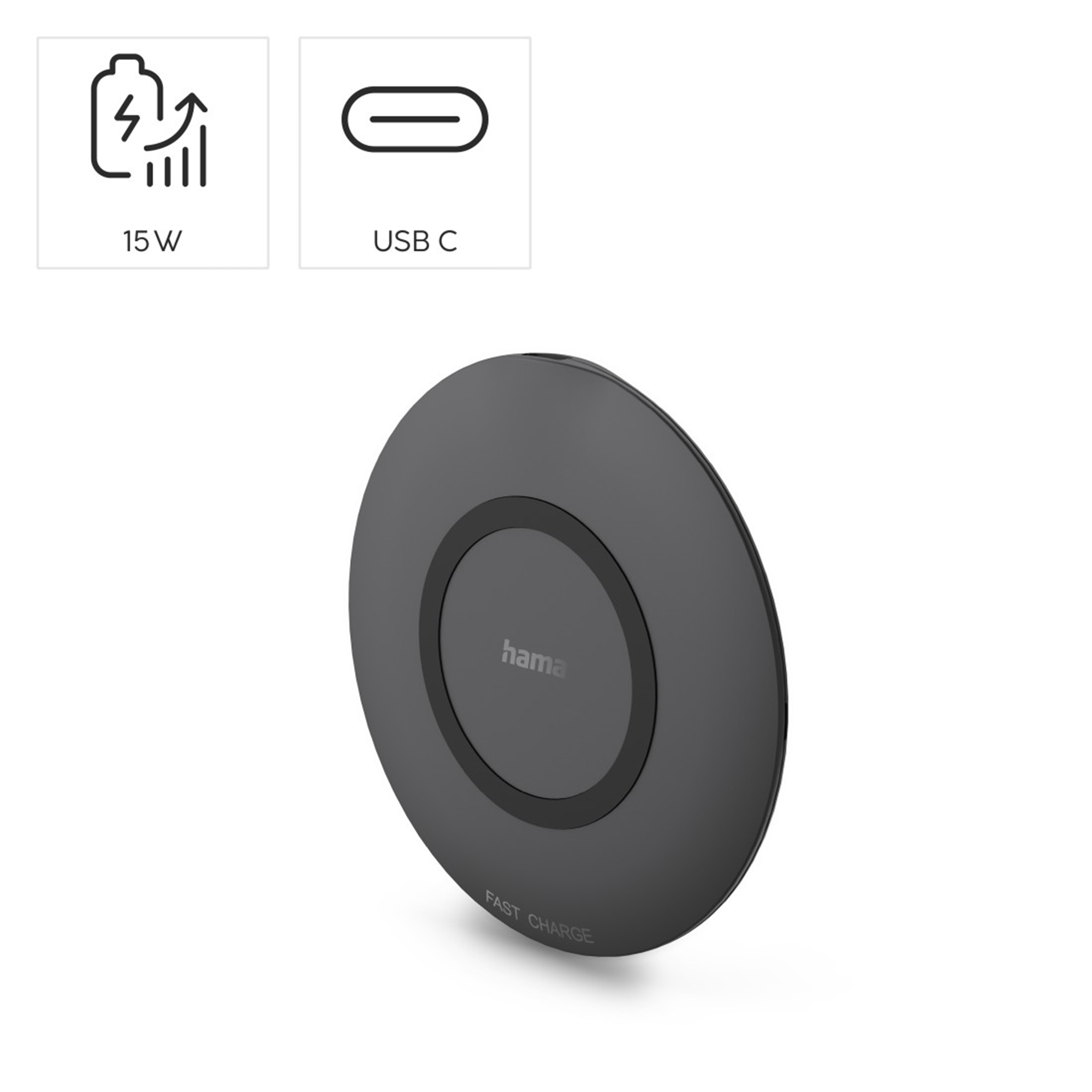 Schwarzer Hama Schnellladegerät mit USB-C-Anschluss und 15W Leistung.