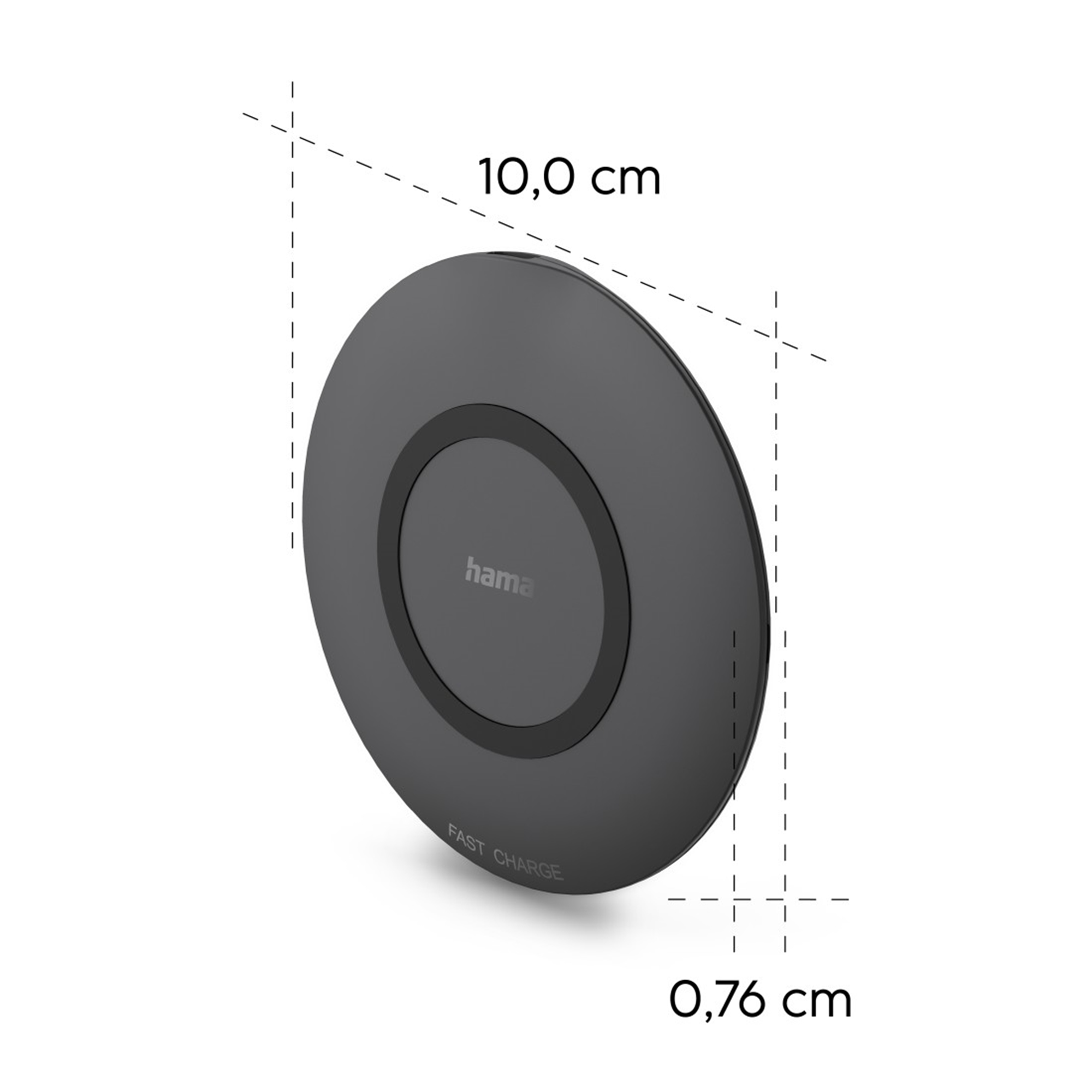 Ein graues Hama Fast Charge Wireless Ladegerät mit Maßen 10 cm Durchmesser und 0,76 cm Höhe.