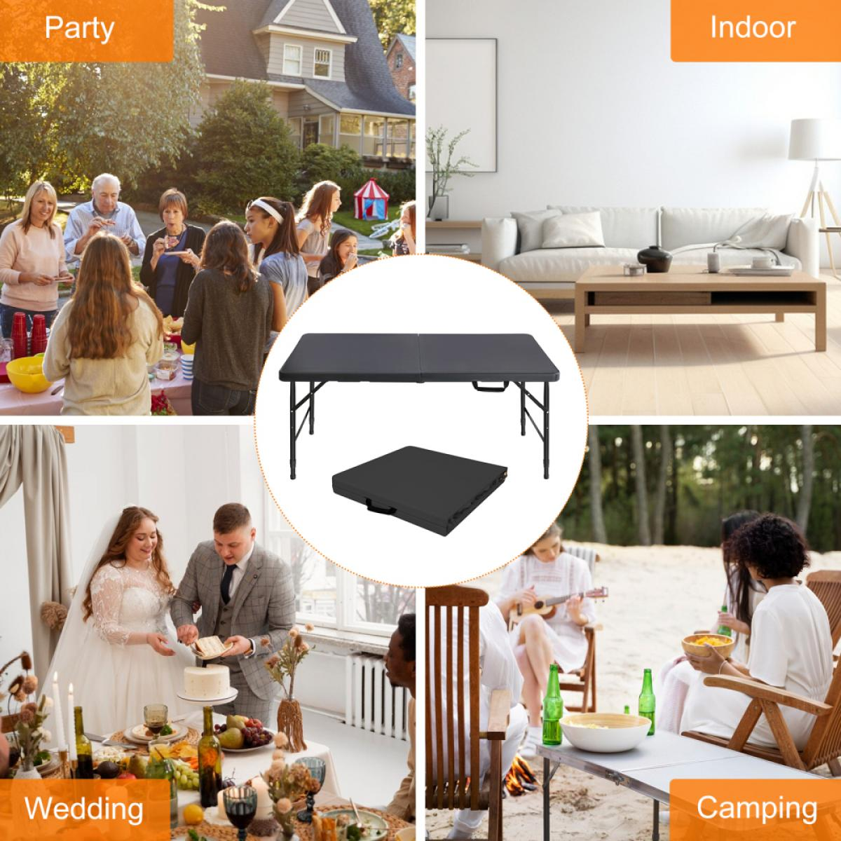 Ein faltbarer Tisch in verschiedenen Umgebungen: Party, Indoor, Hochzeit und Camping.