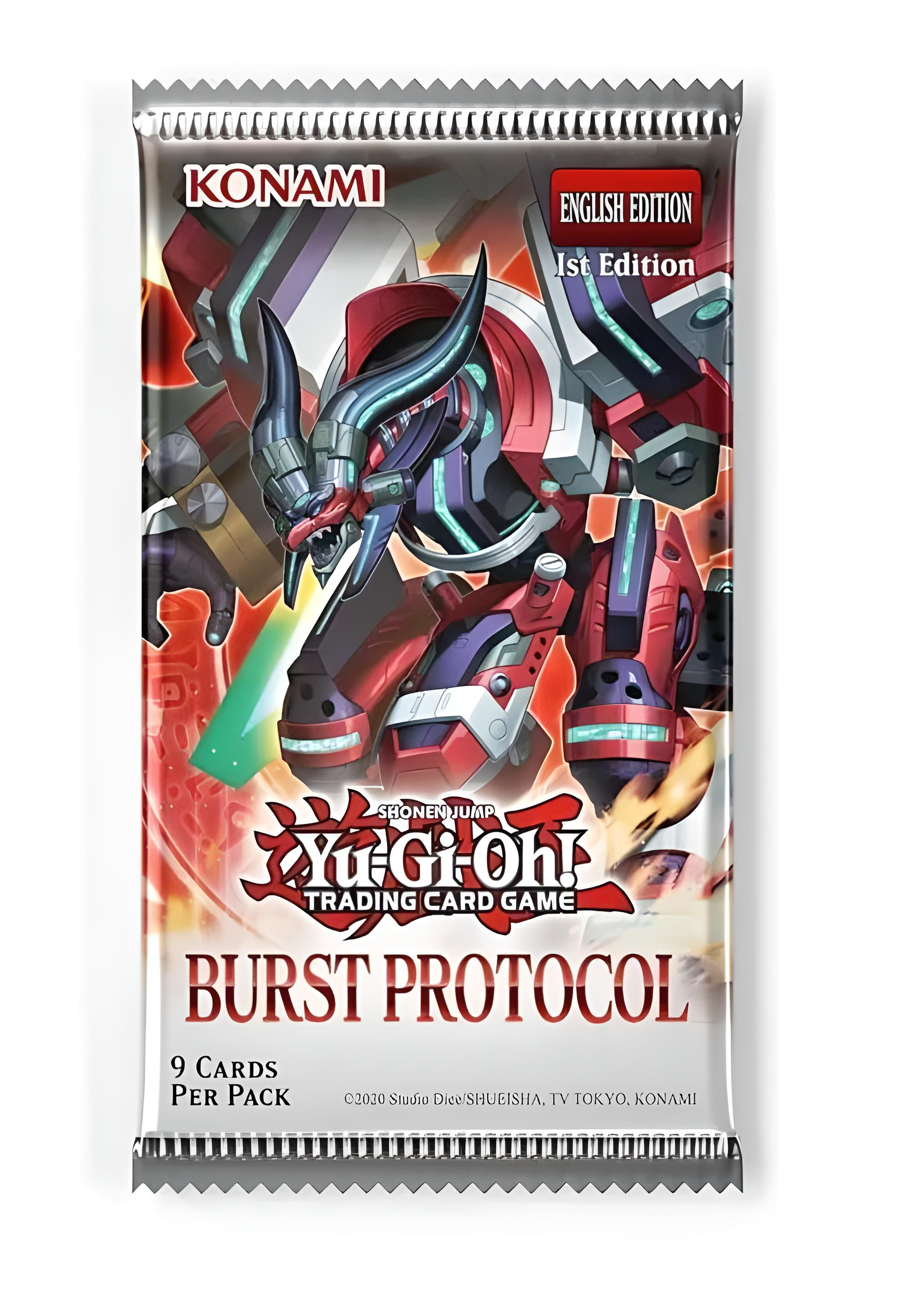 Yu-Gi-Oh! Burst Protocol Kartenpackung mit rotem Mech und Konami-Logo.