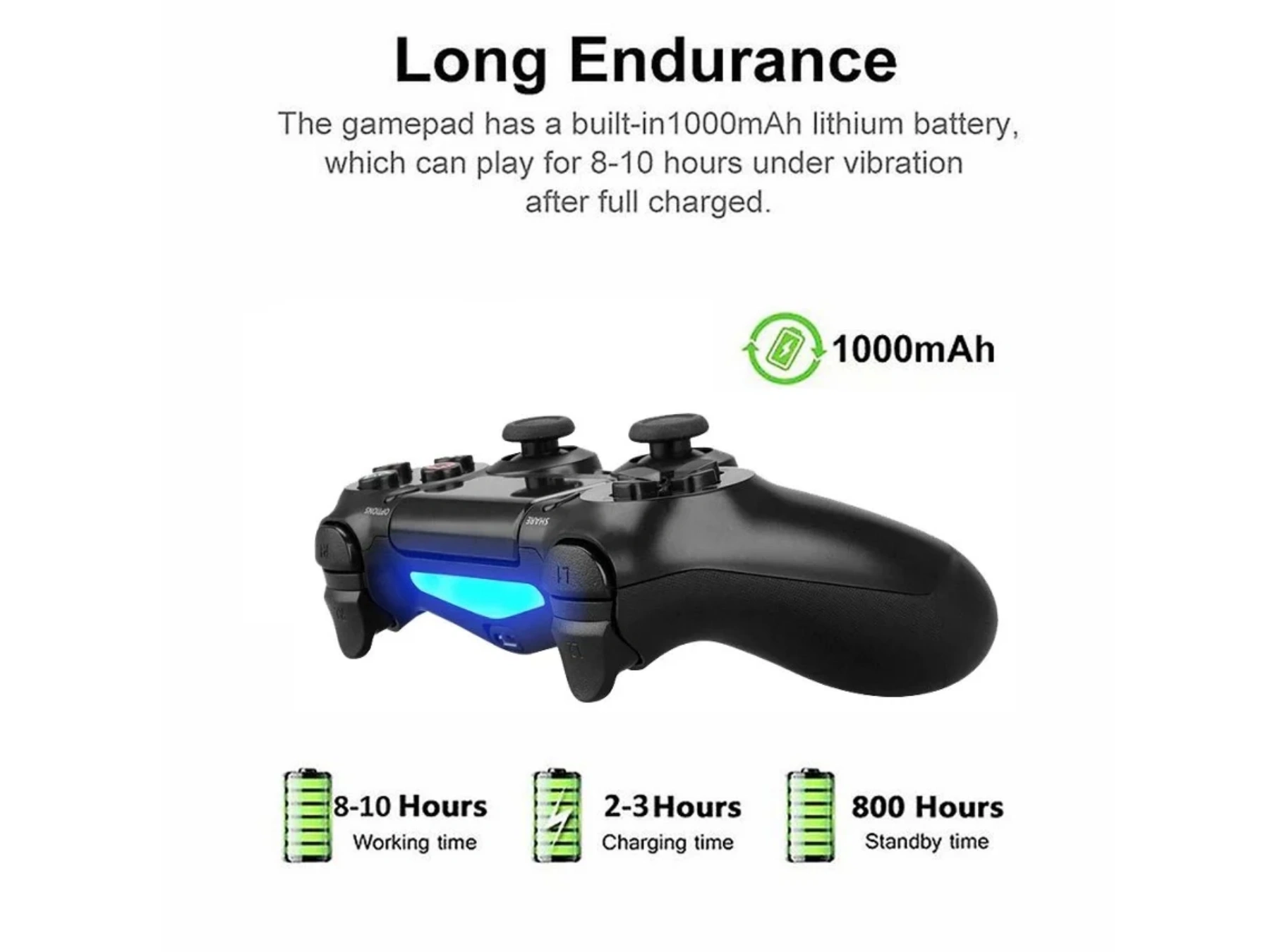 Schwarzer Gamecontroller mit blauer LED, 1000mAh Akku, 8-10 Std. Spielzeit.