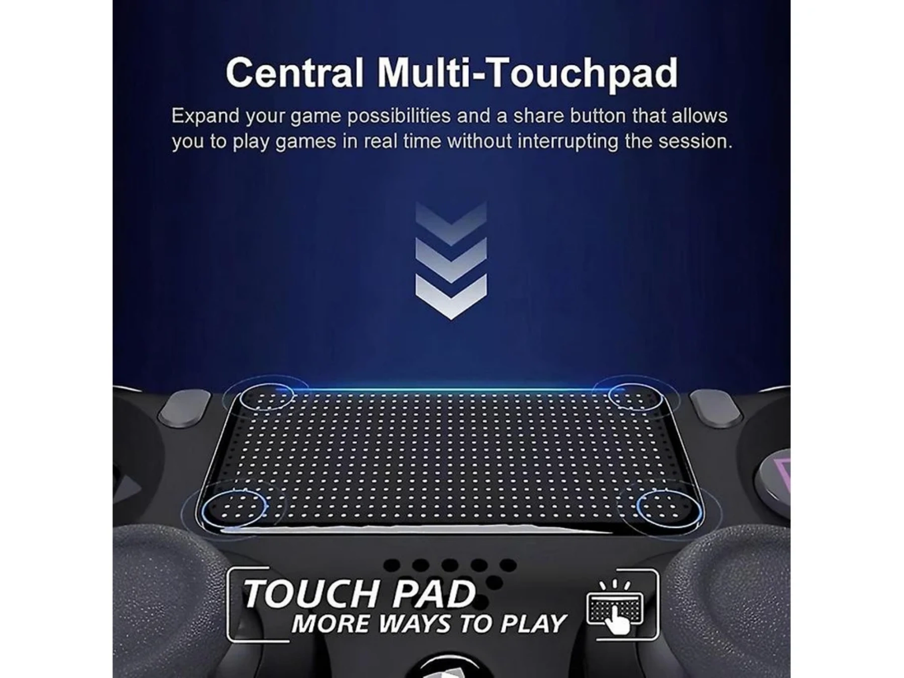 Nahaufnahme eines Controllers mit Touchpad und Text über Spieloptionen.