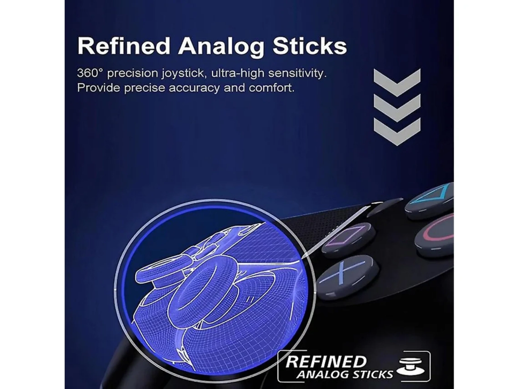 Nahaufnahme eines schwarzen Controllers mit präzisen Analog-Sticks und Tasten.