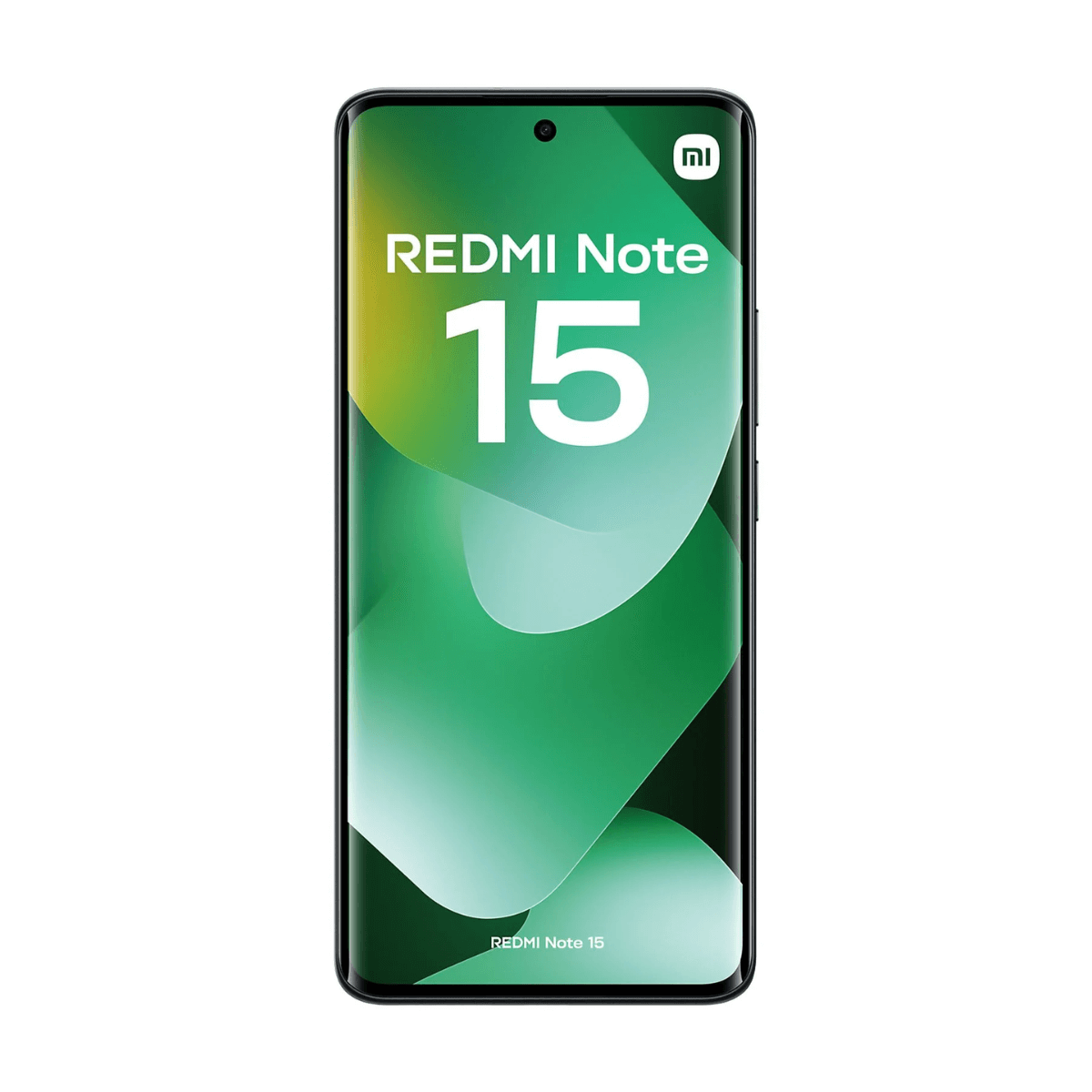 Czarny smartfon z napisem REDMI Note 15 na zielonym abstrakcyjnym tle.