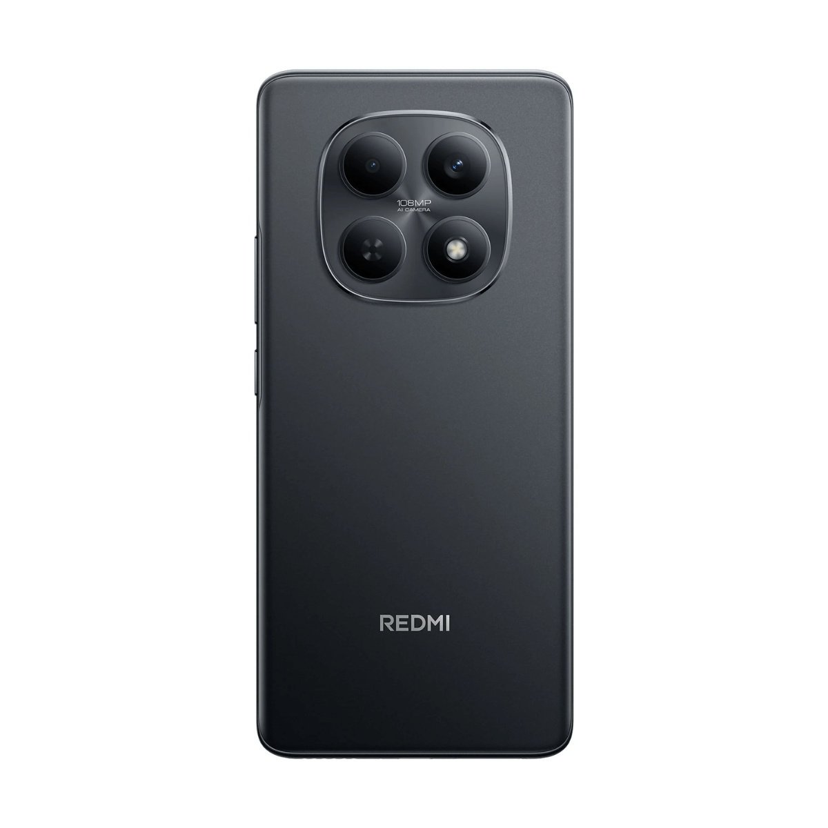 Ciemnoszary smartfon z poczwórnym aparatem i logo Redmi z tyłu.