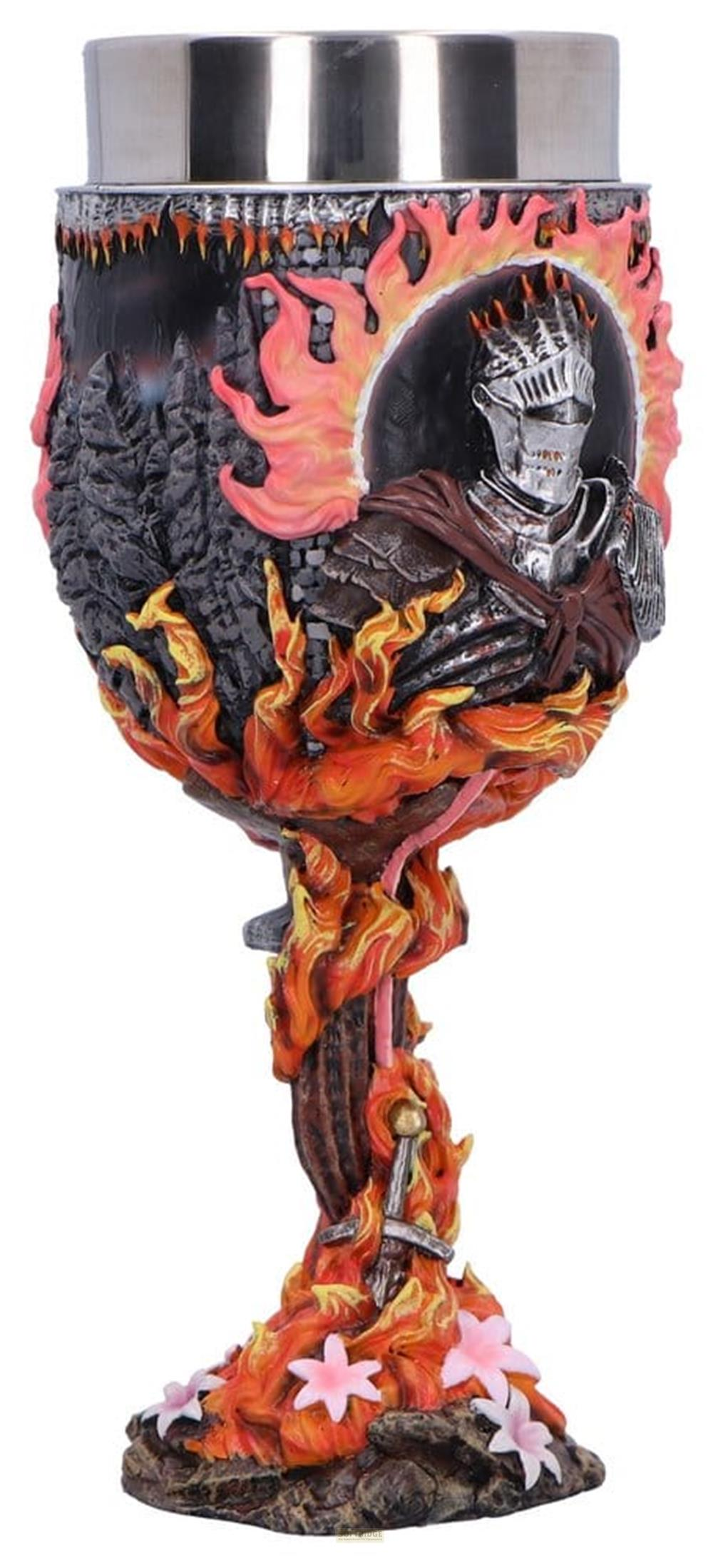 Kelch mit Ritterskulptur, Flammen und Burgruine.