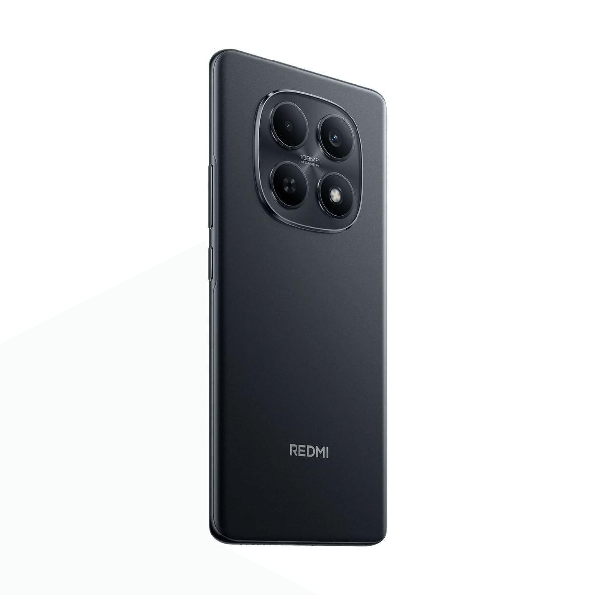 Ciemnoszary smartfon z czterema aparatami i logo Redmi na białym tle.