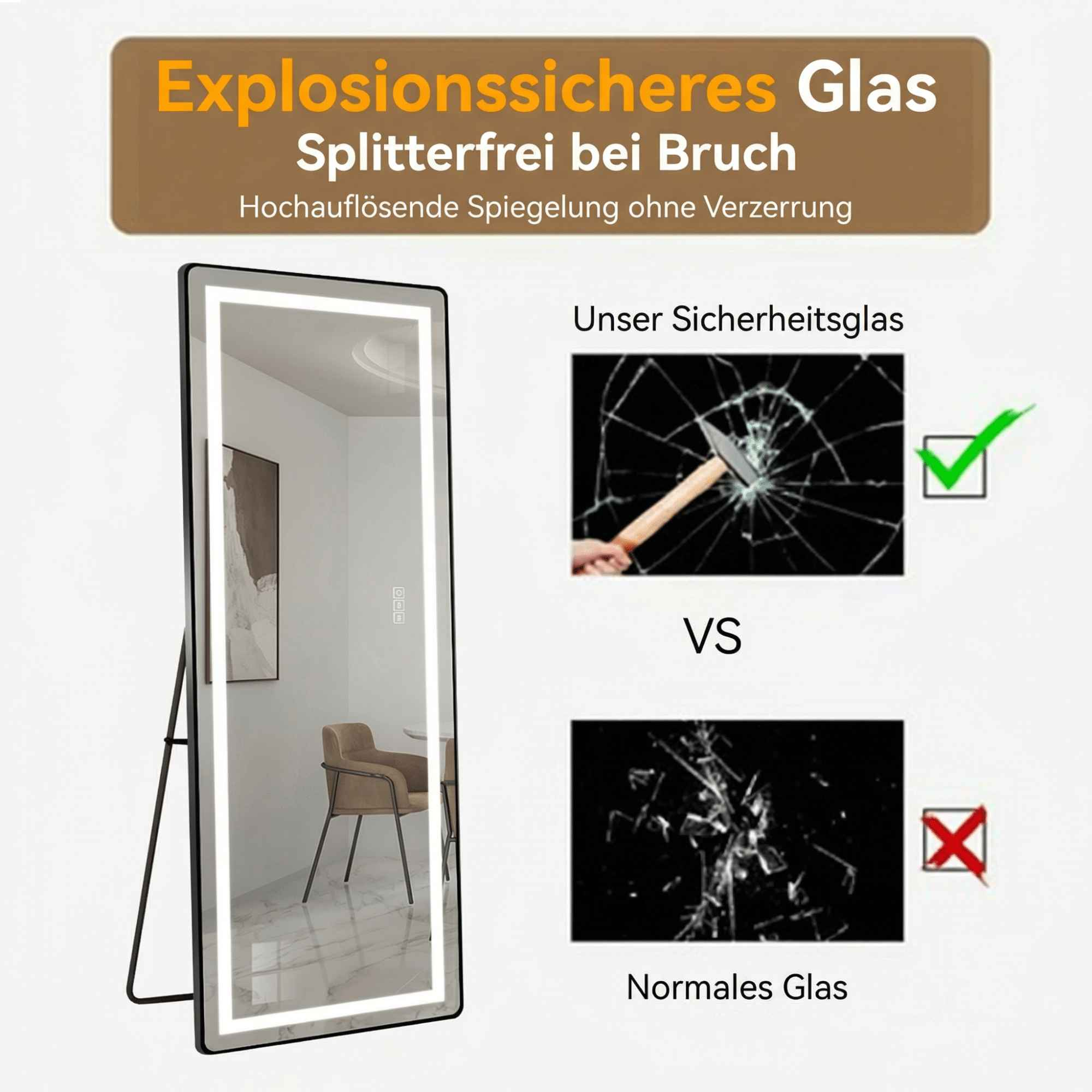 Ein beleuchteter Spiegel steht neben einem Vergleich von Sicherheitsglas und normalem Glas.