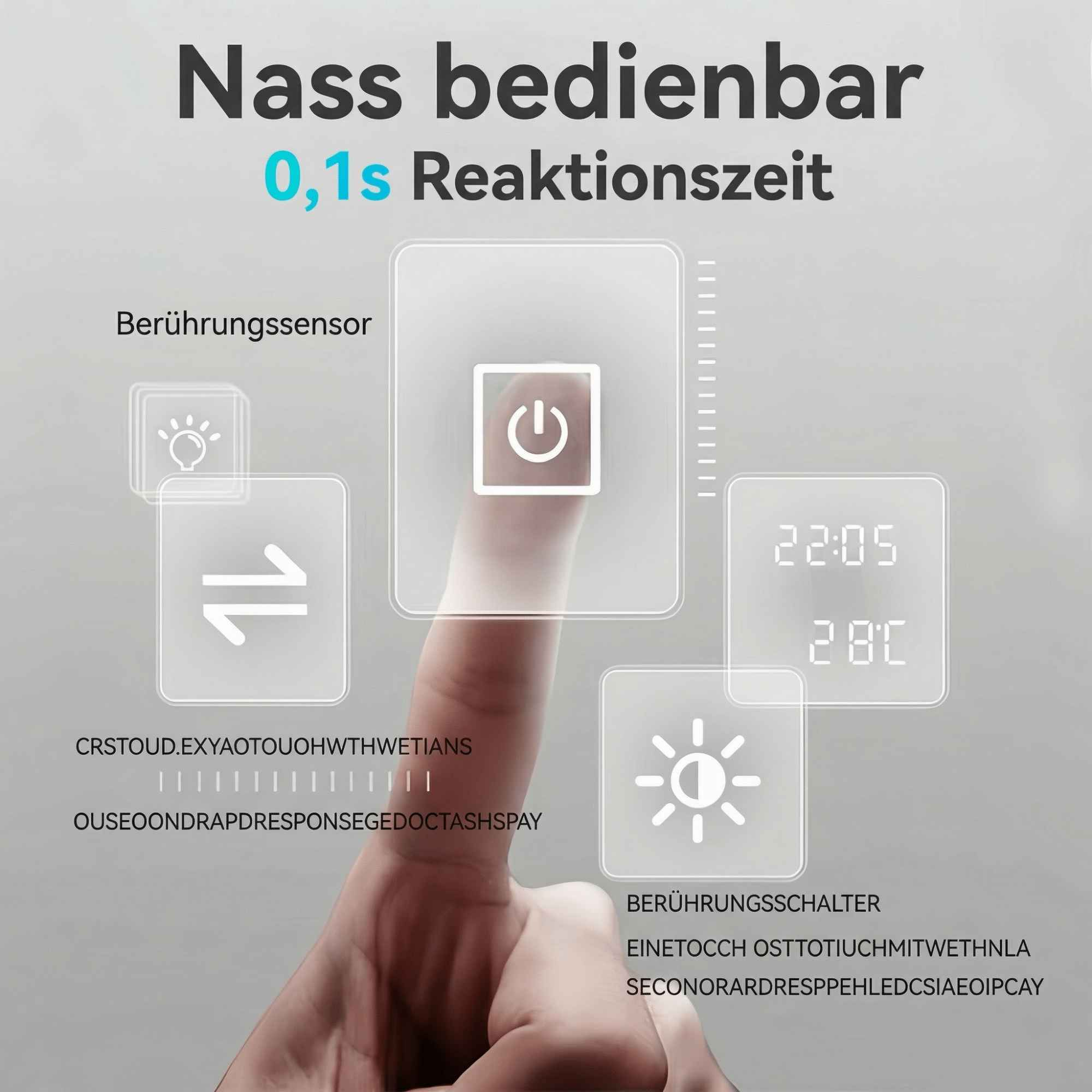 Finger berührt Power-Symbol. Anzeige zeigt 22:05 und 28C.