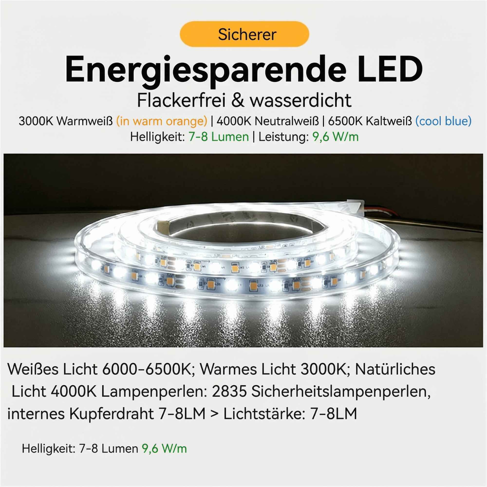 Eine Rolle energiesparender LED-Streifen mit weißem Licht leuchtet auf einer glänzenden Oberfläche.