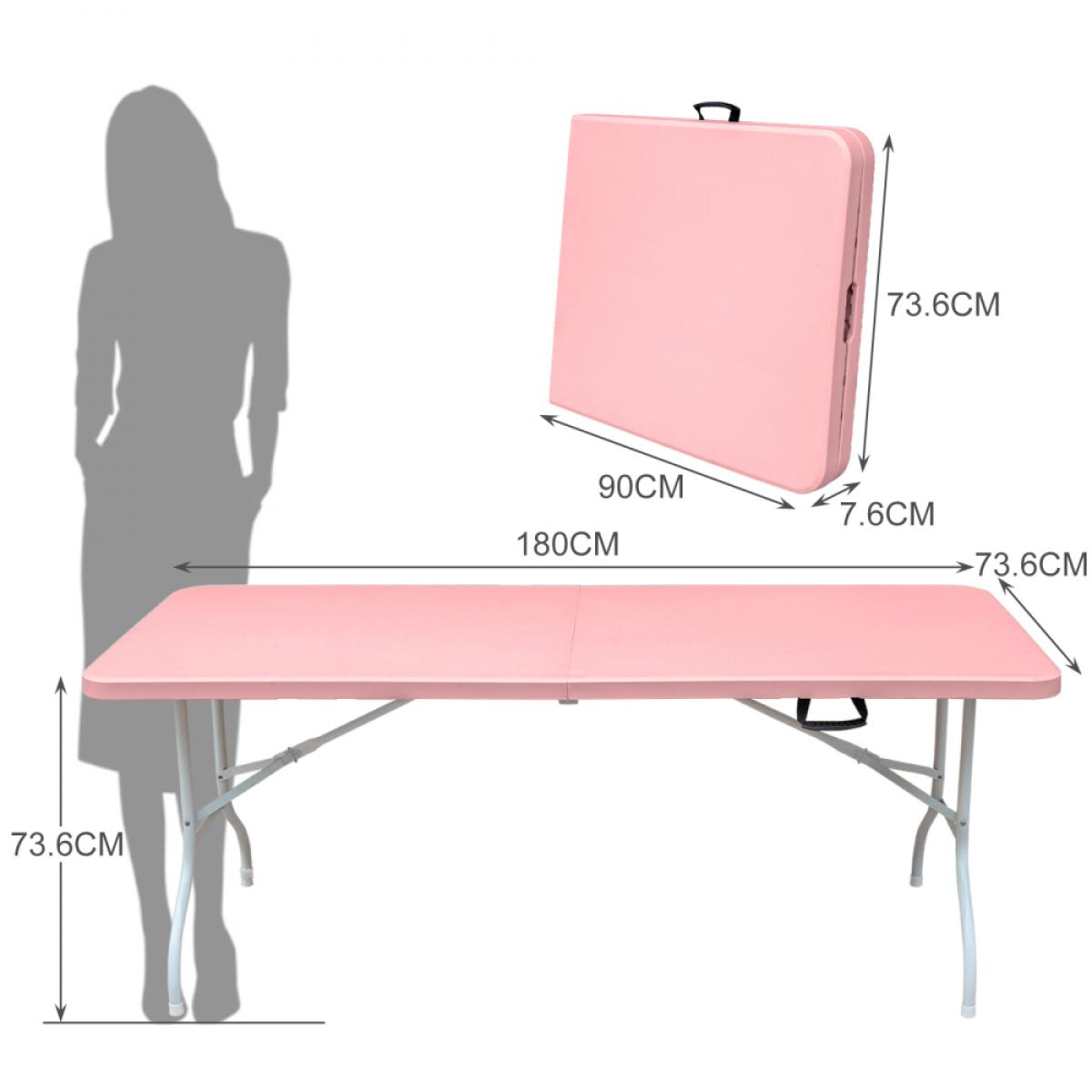 Ein rosafarbener Klapptisch, 180cm lang, mit einer Silhouette einer Person daneben.