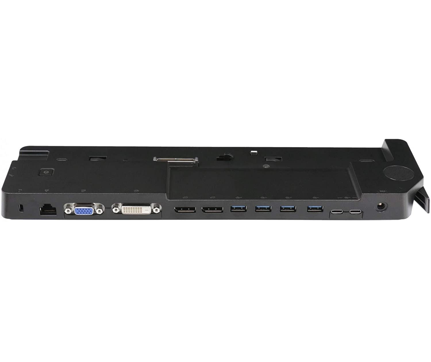 Schwarze Dockingstation mit USB-, VGA-, DVI- und Ethernet-Anschlüssen.