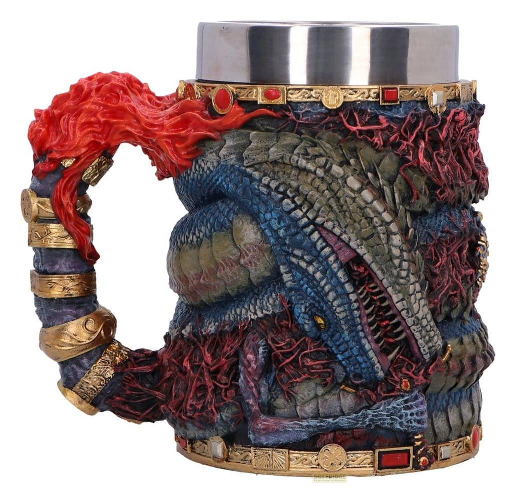 Ein blauer Drachenbecher mit roter Mähne, goldenen Akzenten und silbernem Rand.