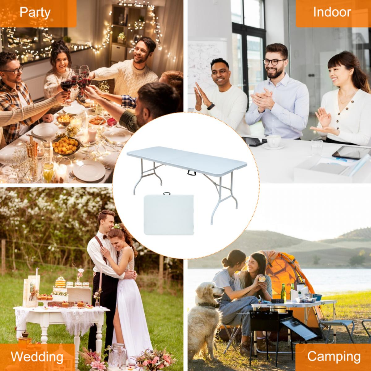 Vier Szenen: Party, Büro, Hochzeit, Camping mit einem faltbaren Tisch.