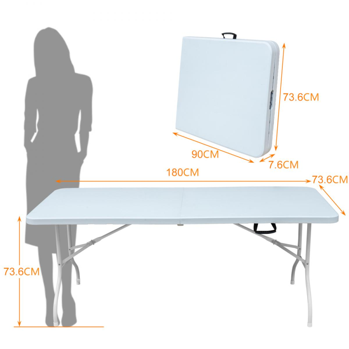 Ein weißer Klapptisch (180x90x73,6cm) ist aufgebaut. Daneben ein zusammengeklappter Tisch.