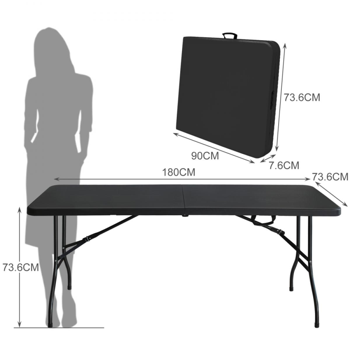 Ein schwarzer Klapptisch, 180x90x73,6cm, mit zusammengeklapptem Zustand daneben.