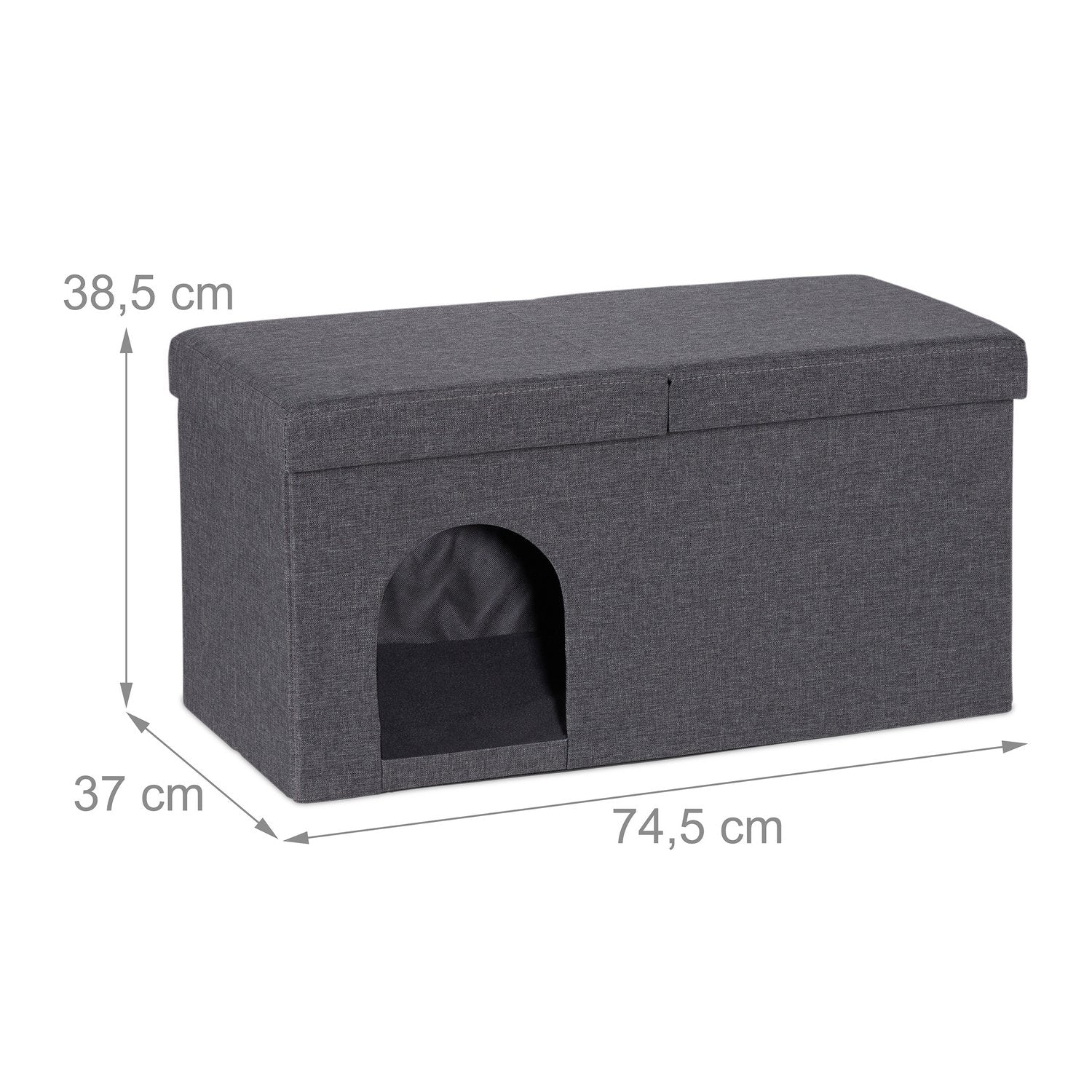 Otomana gris oscuro con puerta para gato. Dimensiones: 74,5x37x38,5 cm.