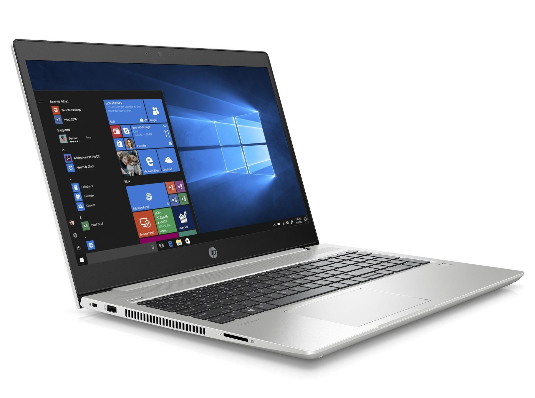 Ein silberner HP ProBook Laptop mit geöffnetem Windows 10 Startmenü und Tastatur.
