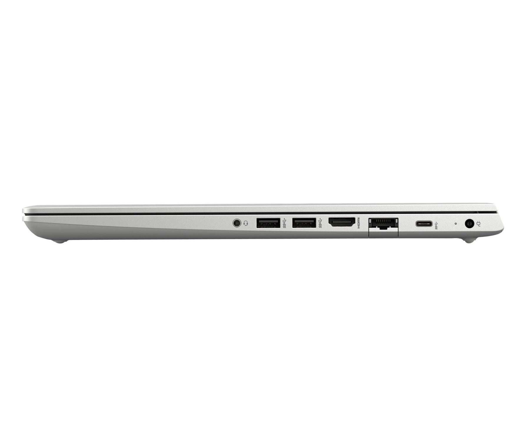 Seitenansicht eines weißen Laptops mit Anschlüssen: Kopfhörer, 2x USB, HDMI, Ethernet, USB-C.