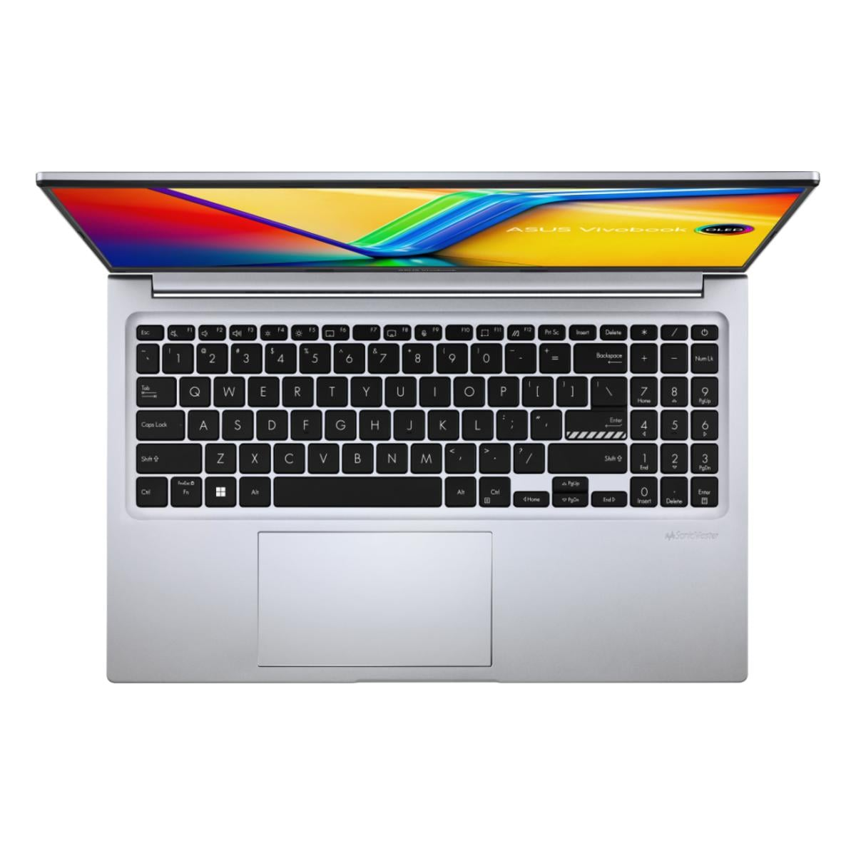 Ein silberner Asus Vivobook Laptop mit geöffnetem Deckel und buntem Hintergrundbild.