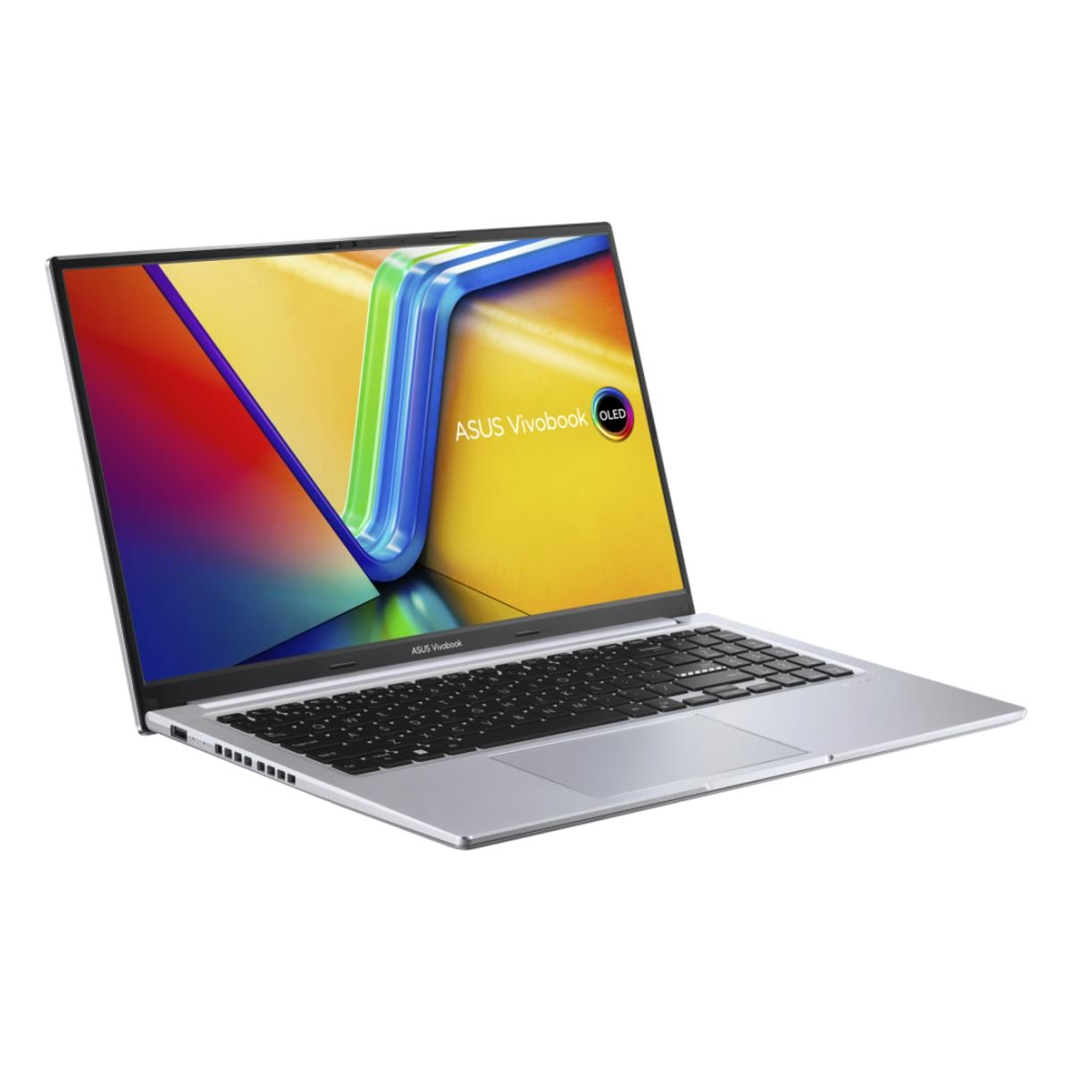 Ein silberner Asus Vivobook Laptop mit OLED-Display und farbenfrohem Hintergrund.