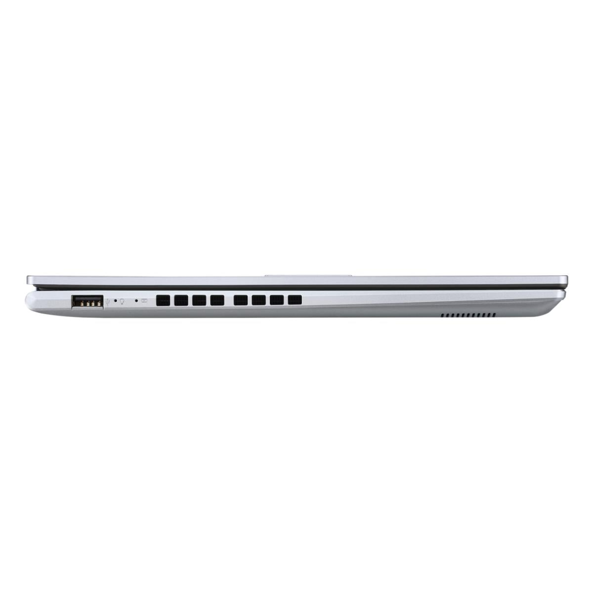 Silberner Laptop-Seite mit Anschlüssen und Lüftungsschlitzen.
