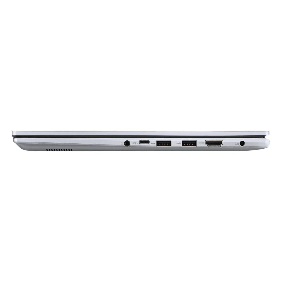 Silbernes Laptop mit seitlichen Anschlüssen: USB-C, 2x USB-A, HDMI, Kopfhöreranschluss.