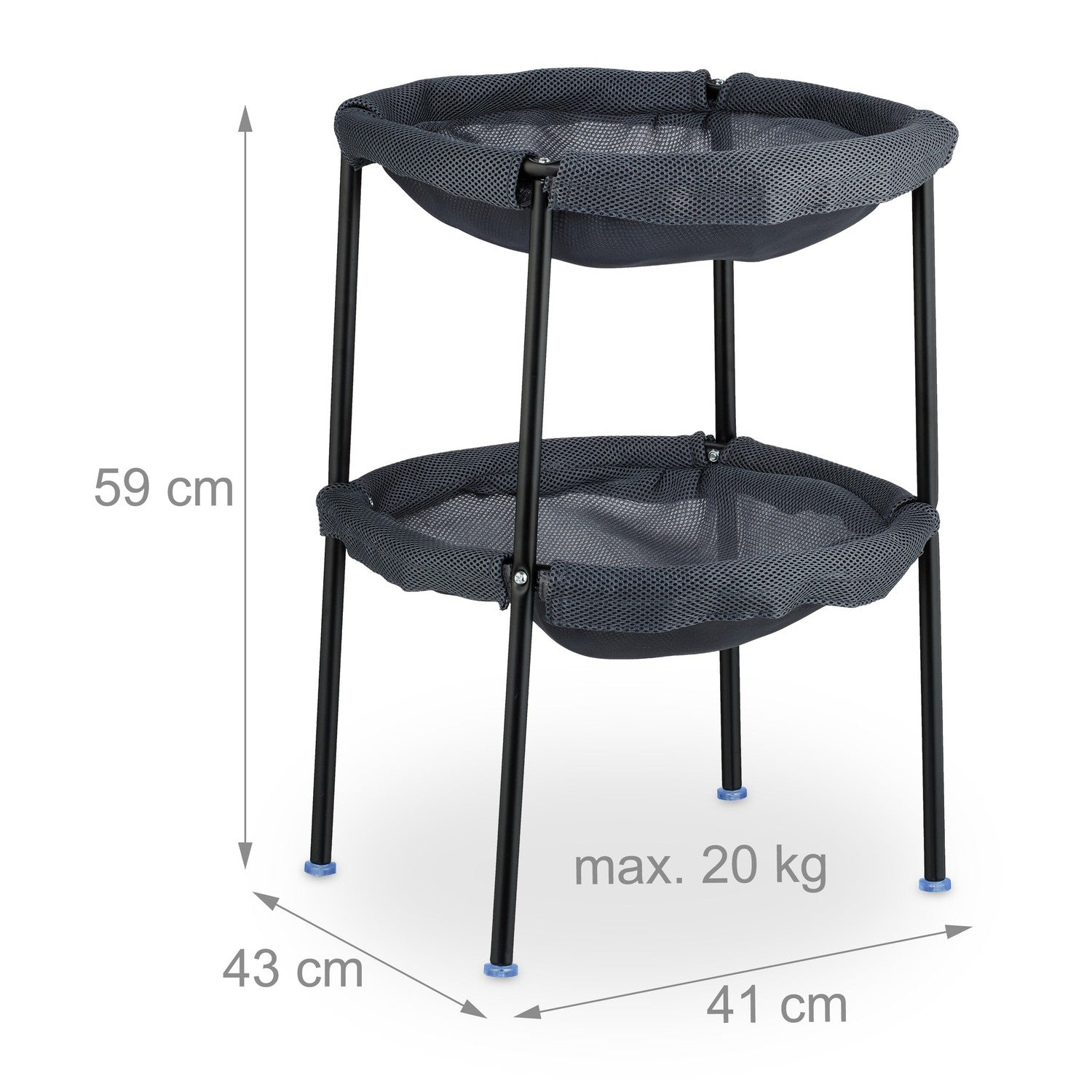 Soporte de cesta de dos niveles con marco de metal negro y cestas de malla gris. Al:59cm, An:41cm, Pr:43cm.