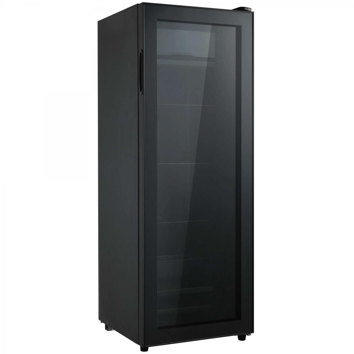 Schwarzer Kühlschrank mit Glastür und Regalen.