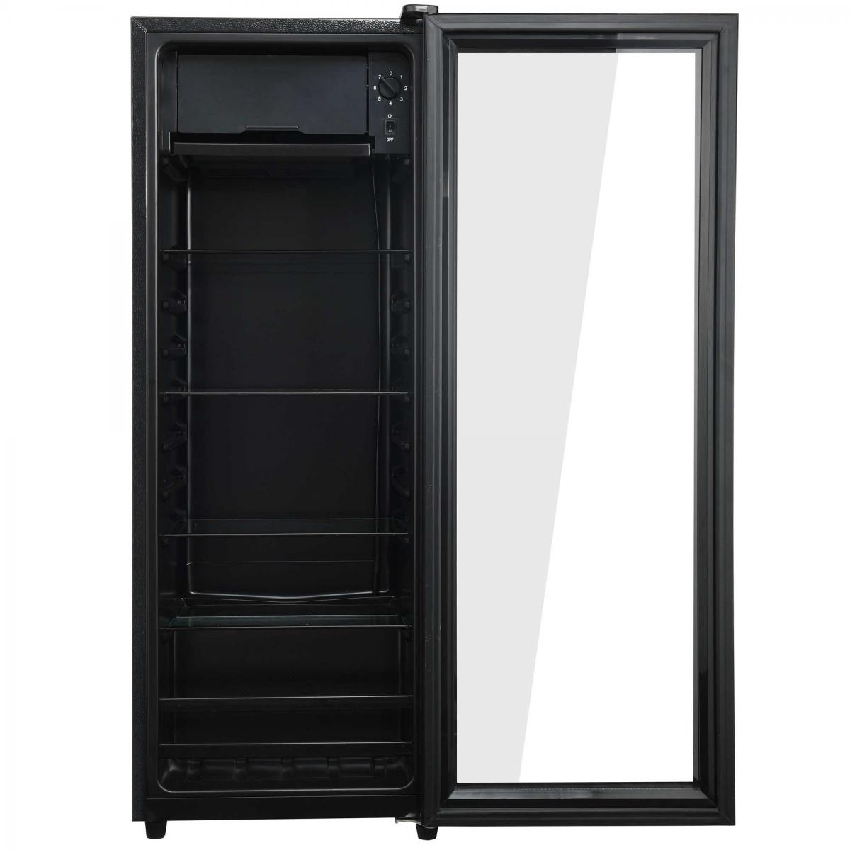 Ein schwarzer Kühlschrank mit einer Glastür, die sich öffnet.