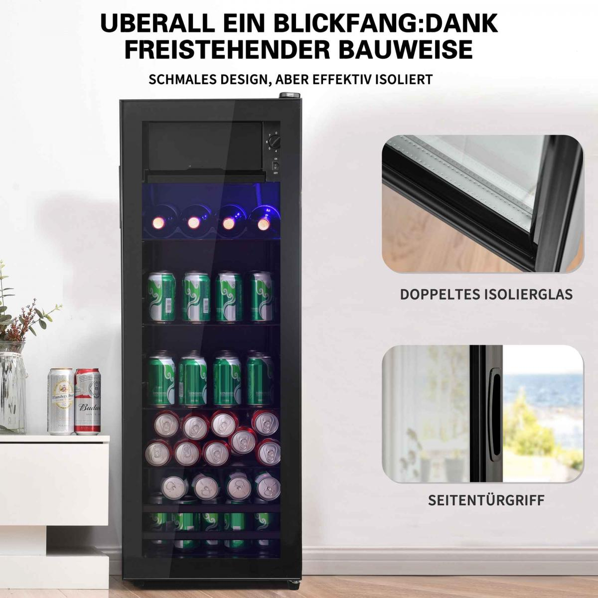 Kühlschrank mit Glasfront, gefüllt mit Dosen und Flaschen. Daneben stehen Dosen.